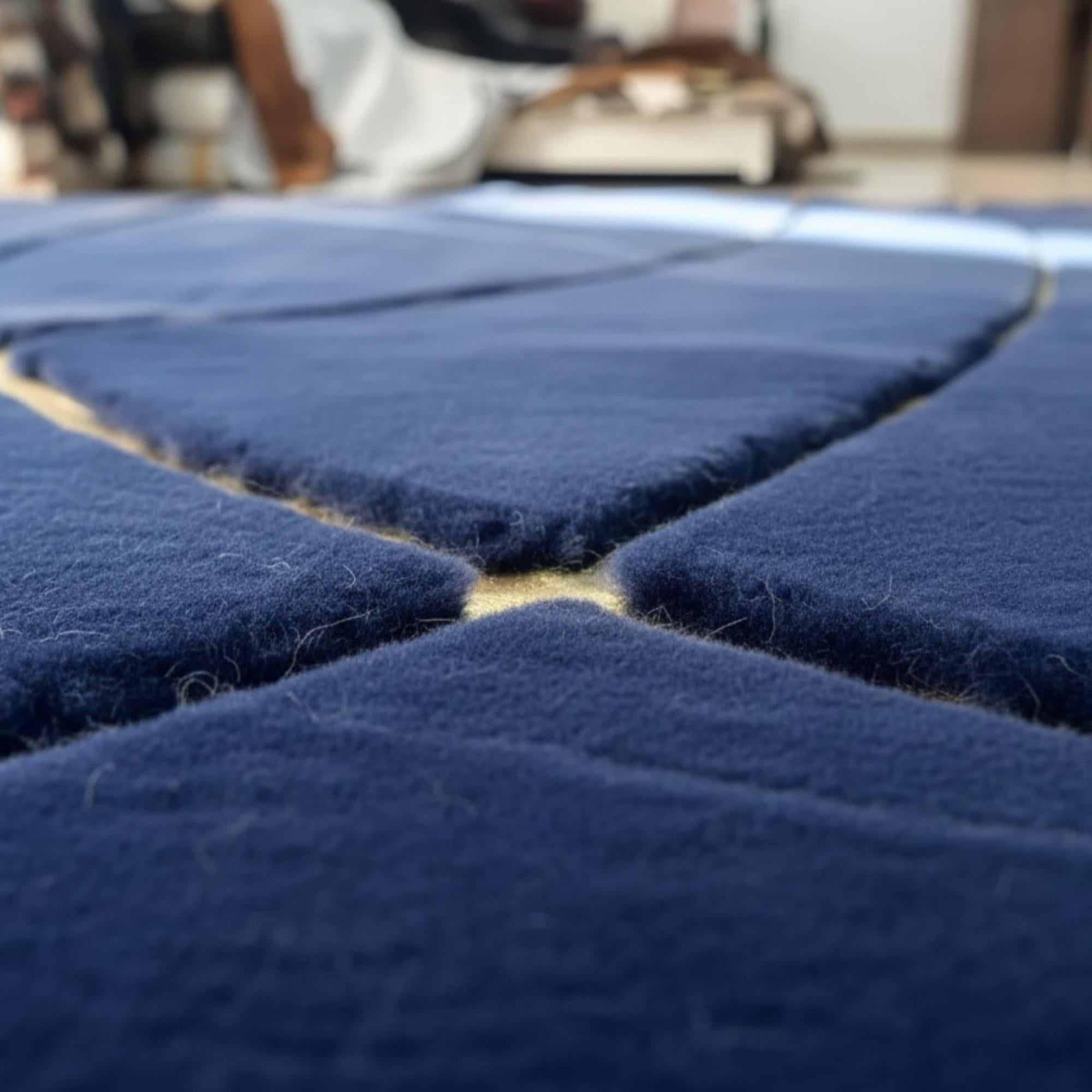 Midnight navy plush rug with gold line art