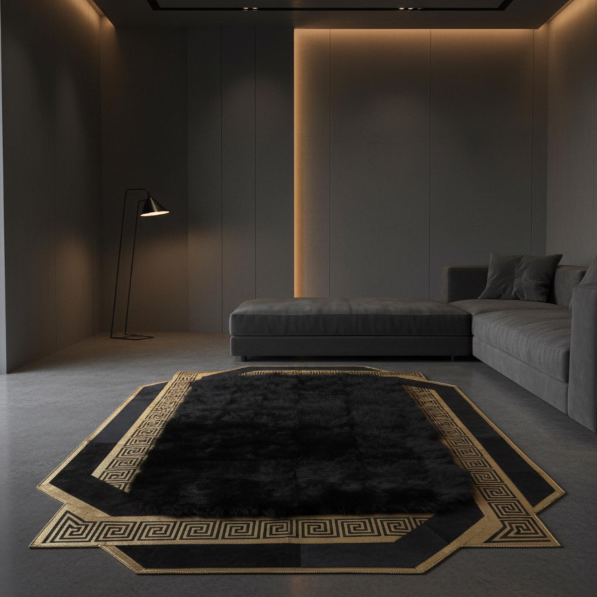 Black Tuscan Fur  Rug, Gold Geometric Border, Luxury Carpet