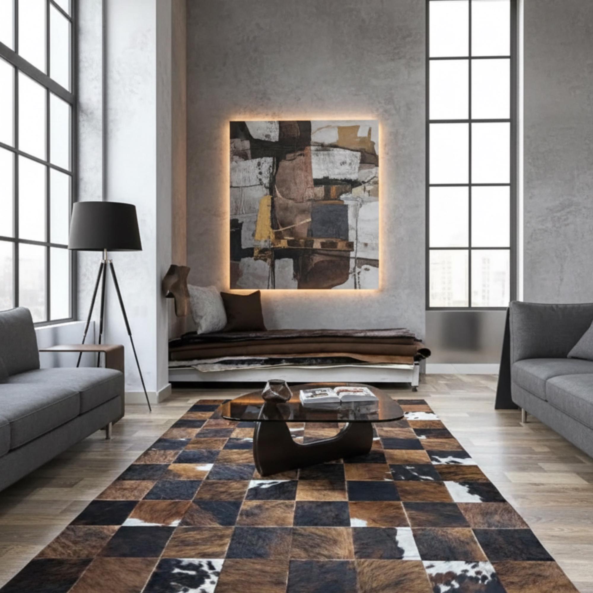 Brown and Black Cowhide Rug, Checkered Patchwork Area Rug,