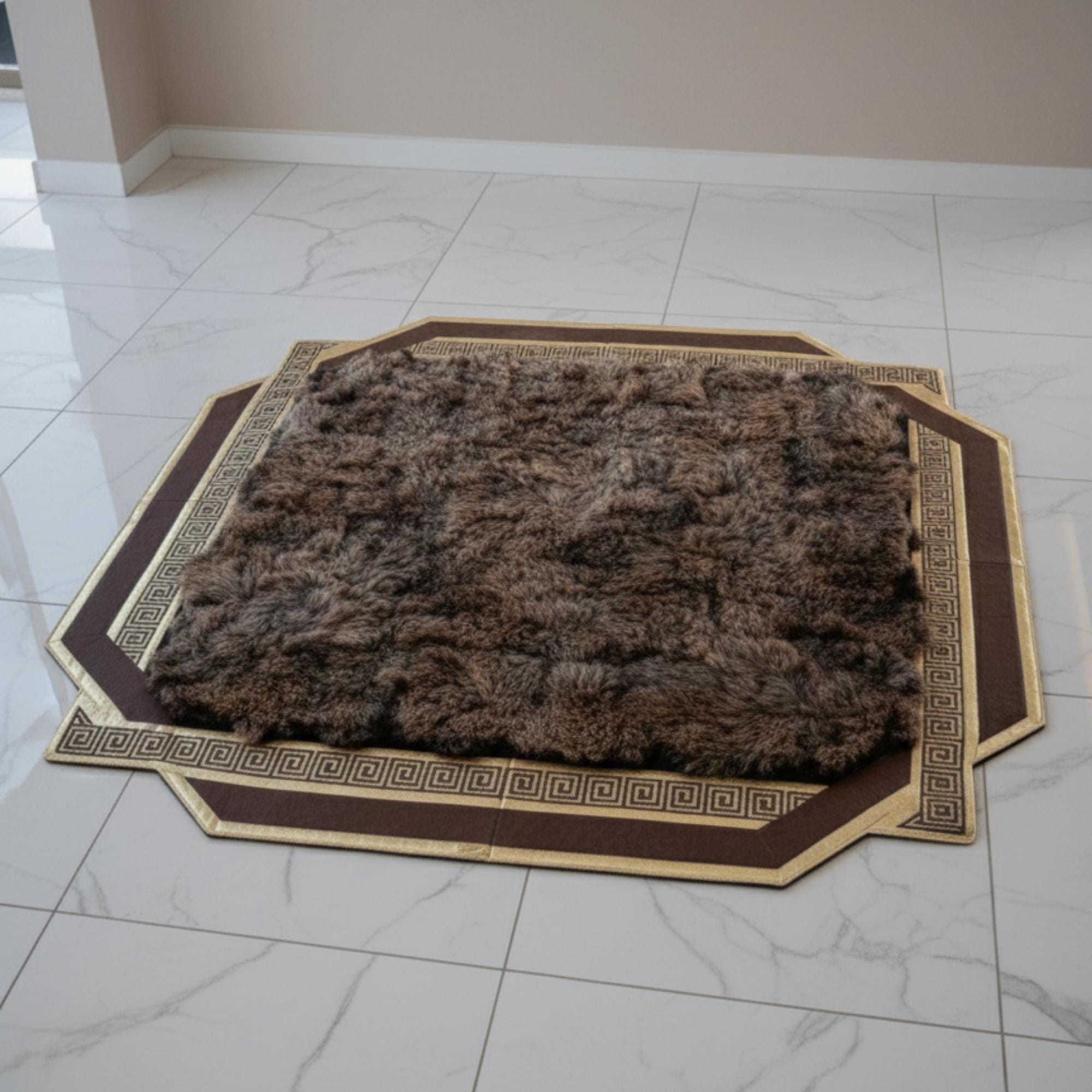 Brown Tuscan Fur Rug, Gold Geometric Tuscan  Rug