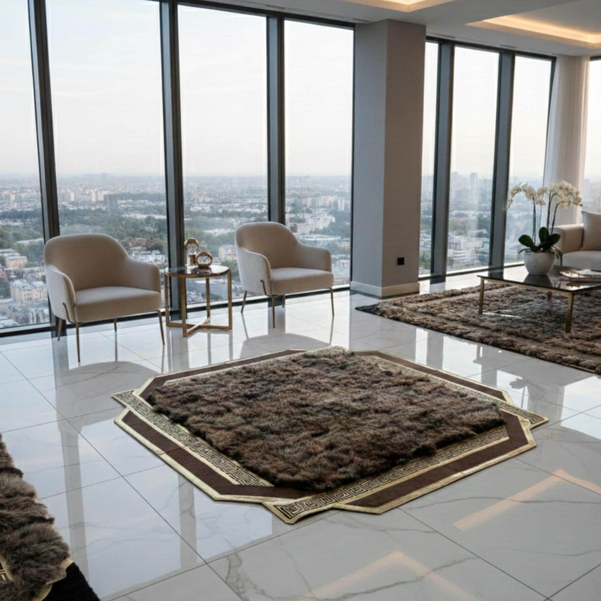 Brown Tuscan Fur Rug, Gold Geometric Tuscan  Rug