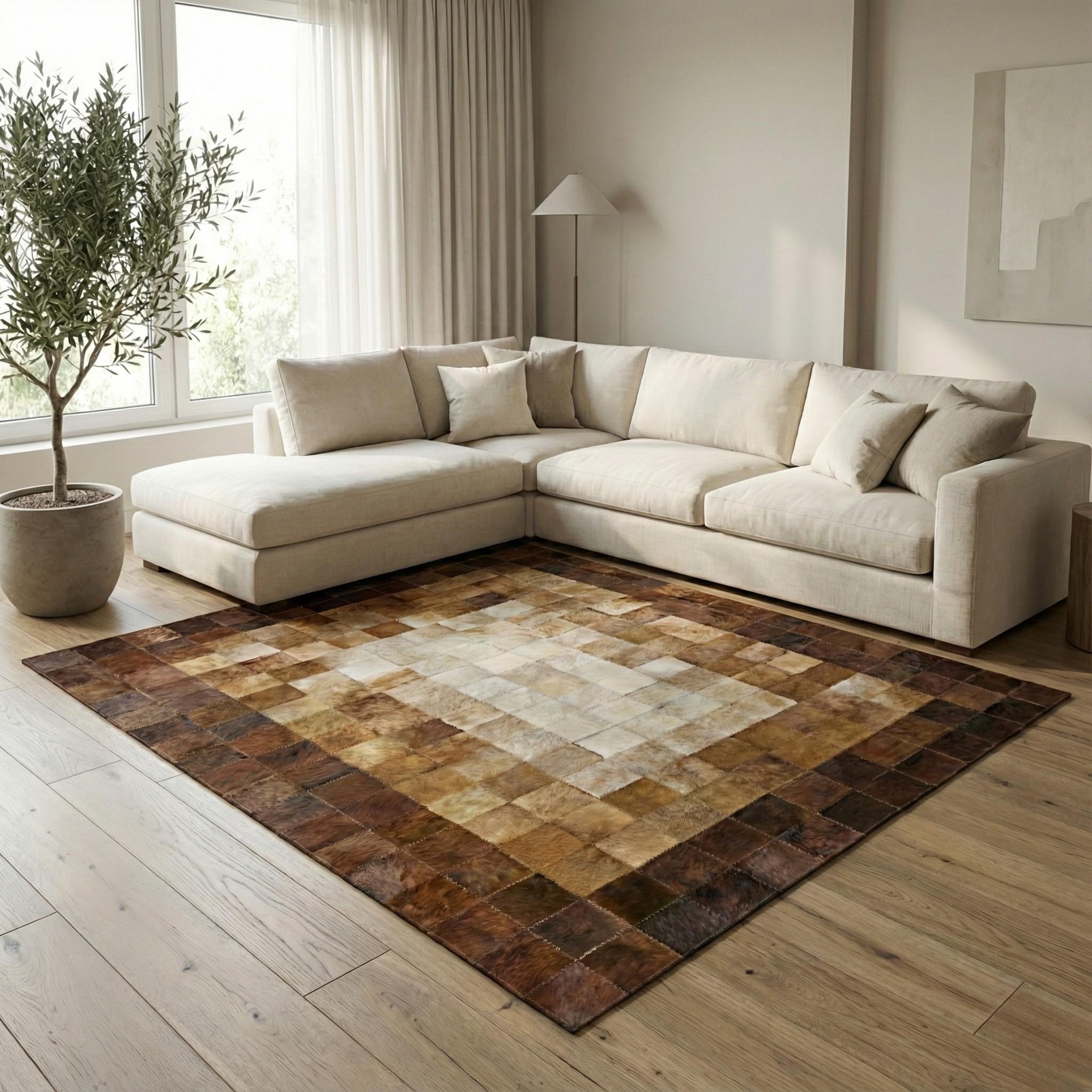 Geometric Patchwork Cowhide Rug, Hair-on-Hide Leather Area Rug