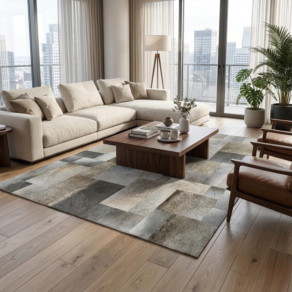 Grey Patchwork Cowhide Rug, Geometric Hair on Hide, Custom Size