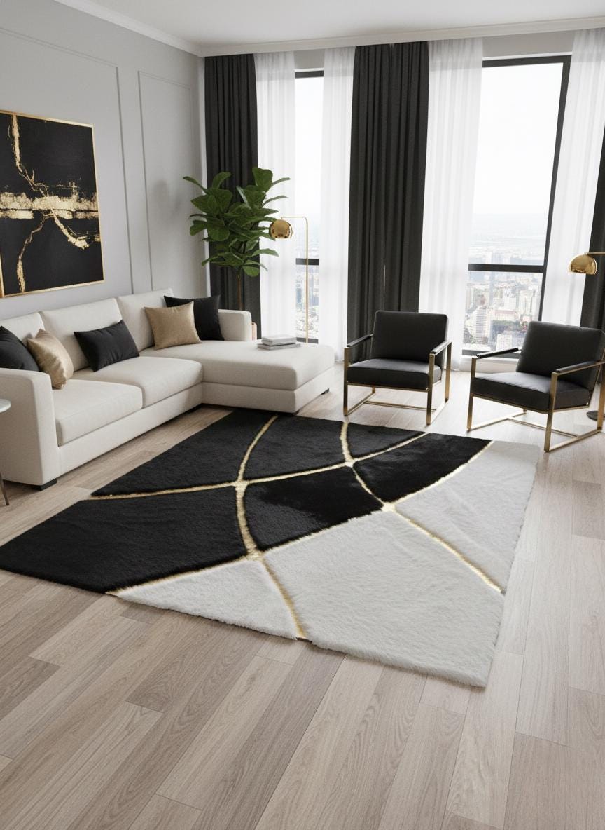 Black plush rug with gold art deco pattern
