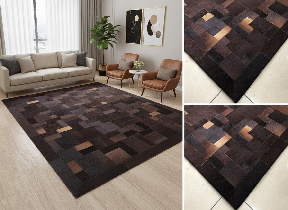 Patchwork Cowhide Rug, Geometric Hair on Hide Leather Area Rug