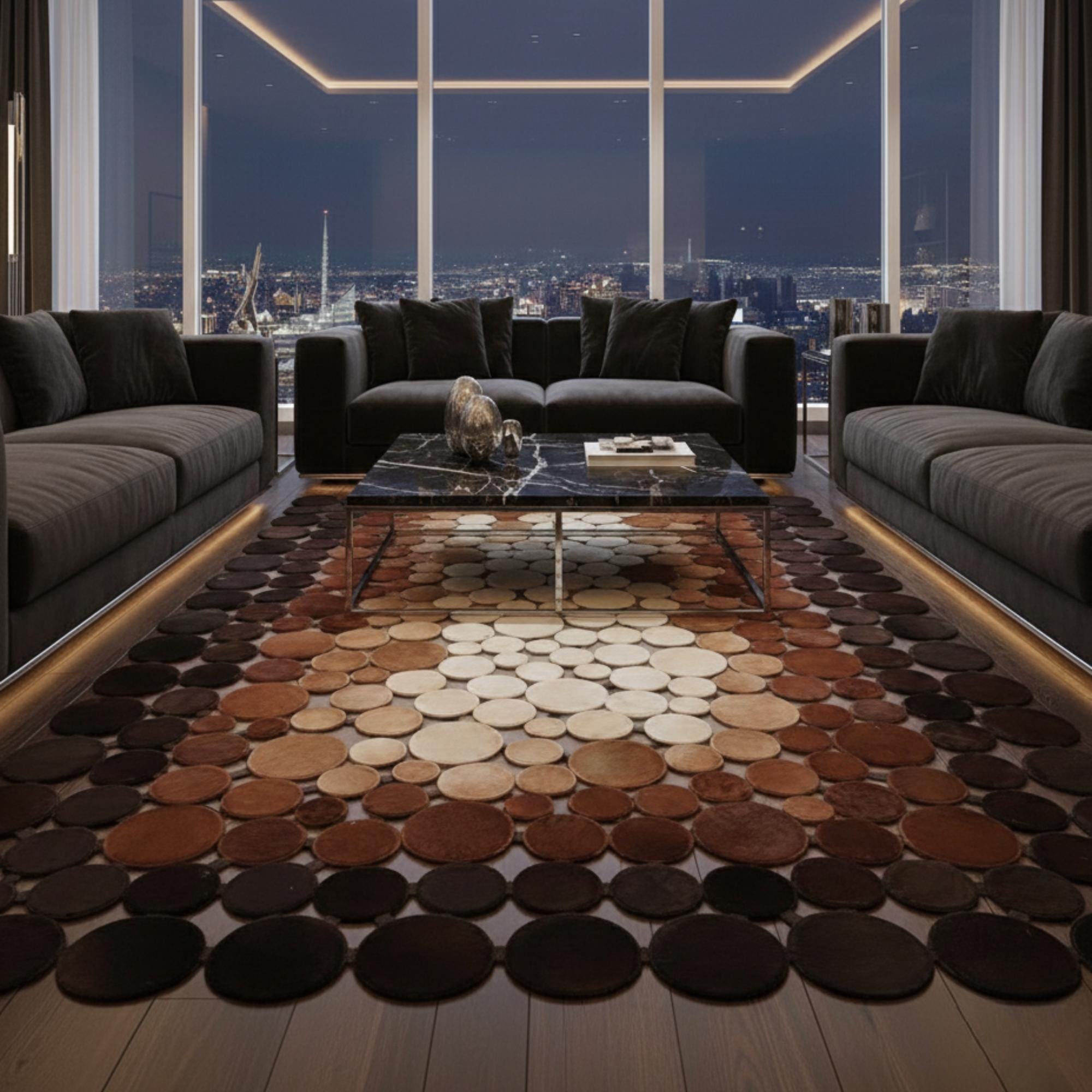 Polkadot Cowhide Rug, Area Rug, Brown and White Circle Patchwork