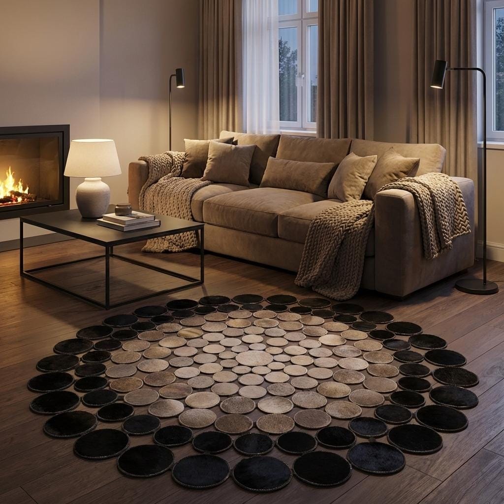Round Black and Beige Cowhide Patchwork Rug, Multicolor Leather Area Rug
