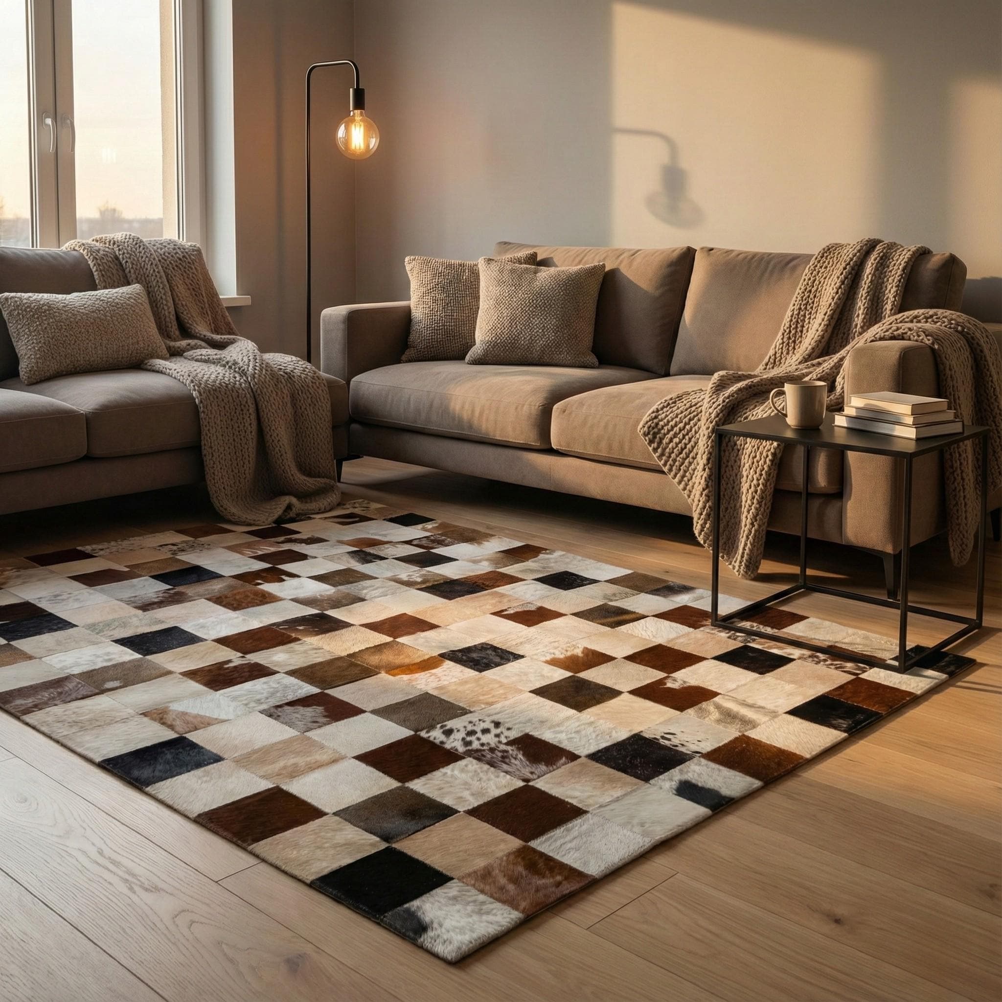 Patchwork Cowhide Rug, Multicolor Checkered Area Rug, Brown and White Leather Carpet