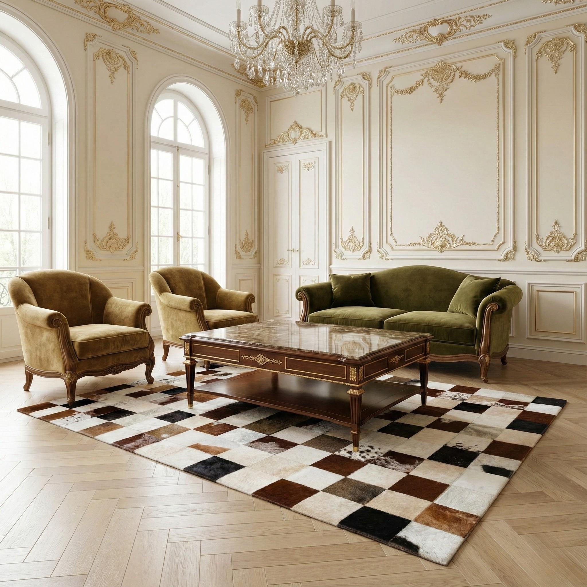 Patchwork Cowhide Rug, Multicolor Checkered Area Rug, Brown and White Leather Carpet