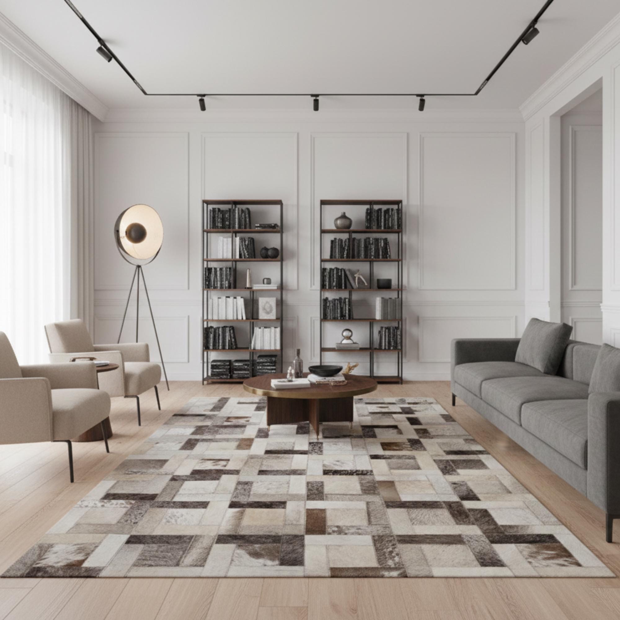 Beige Cowhide Rug, Neutral Patchwork Area Rug, Light Tan Leather Mat,