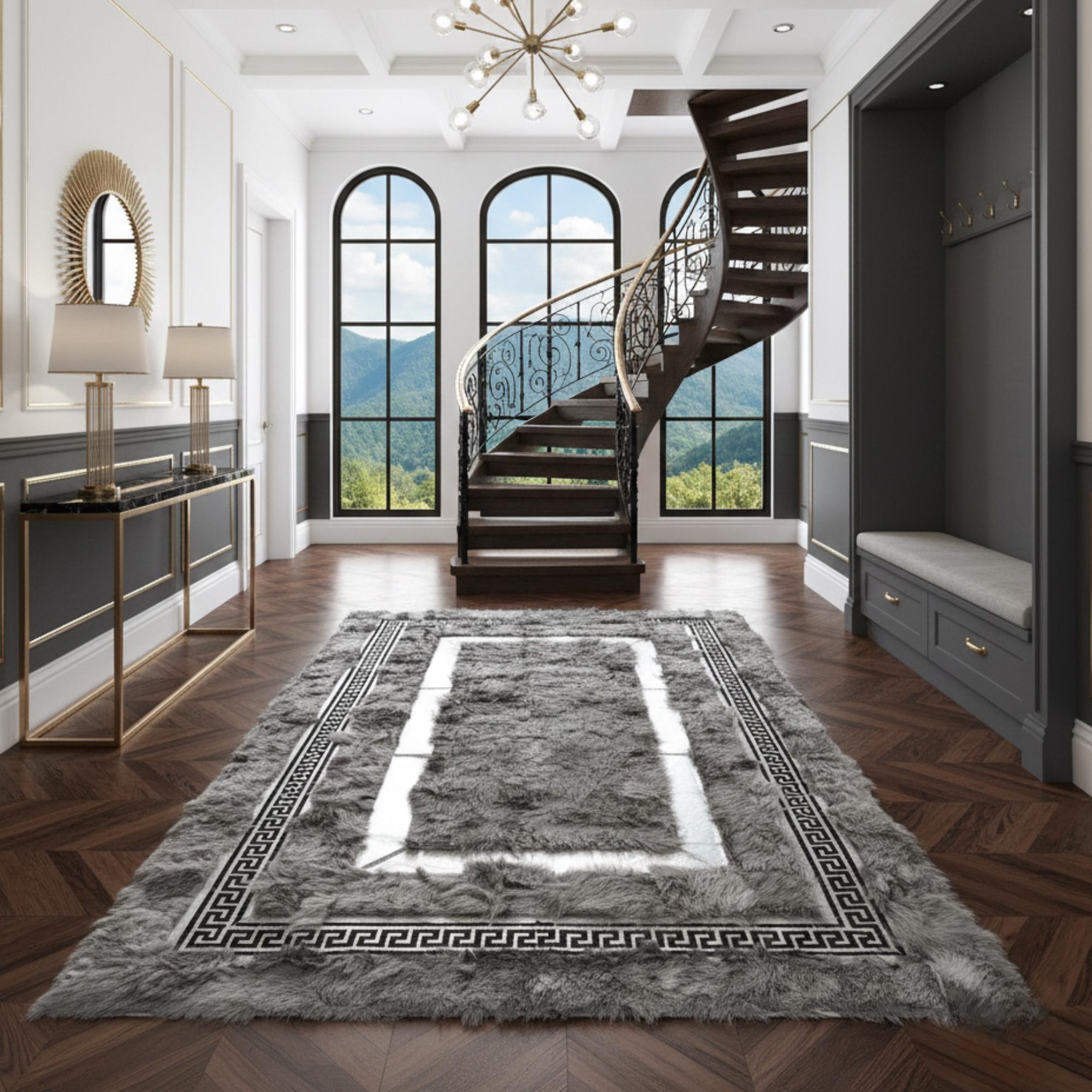 Gray Tuscan Fur Rug, Geometric Border Plush Rug, Luxury Grey Area Rug,