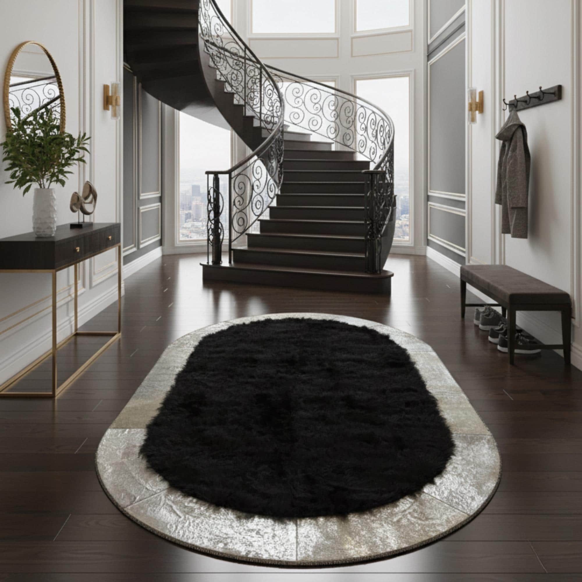 Black and Silver Oval Rug, Tuscan Area Rug, Luxury Fur Mat