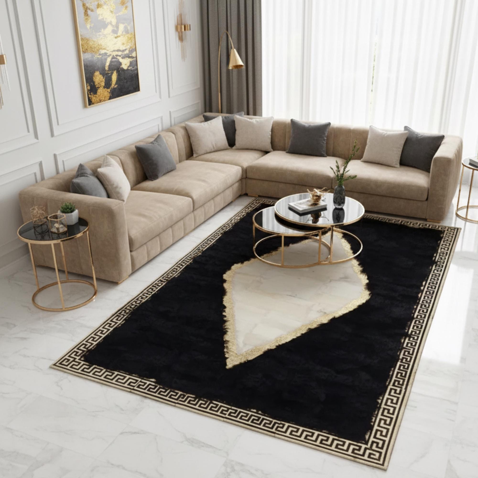 White Black and Gold Tuscan Rug, Geometric Border Tuscan Fur Area Rug,