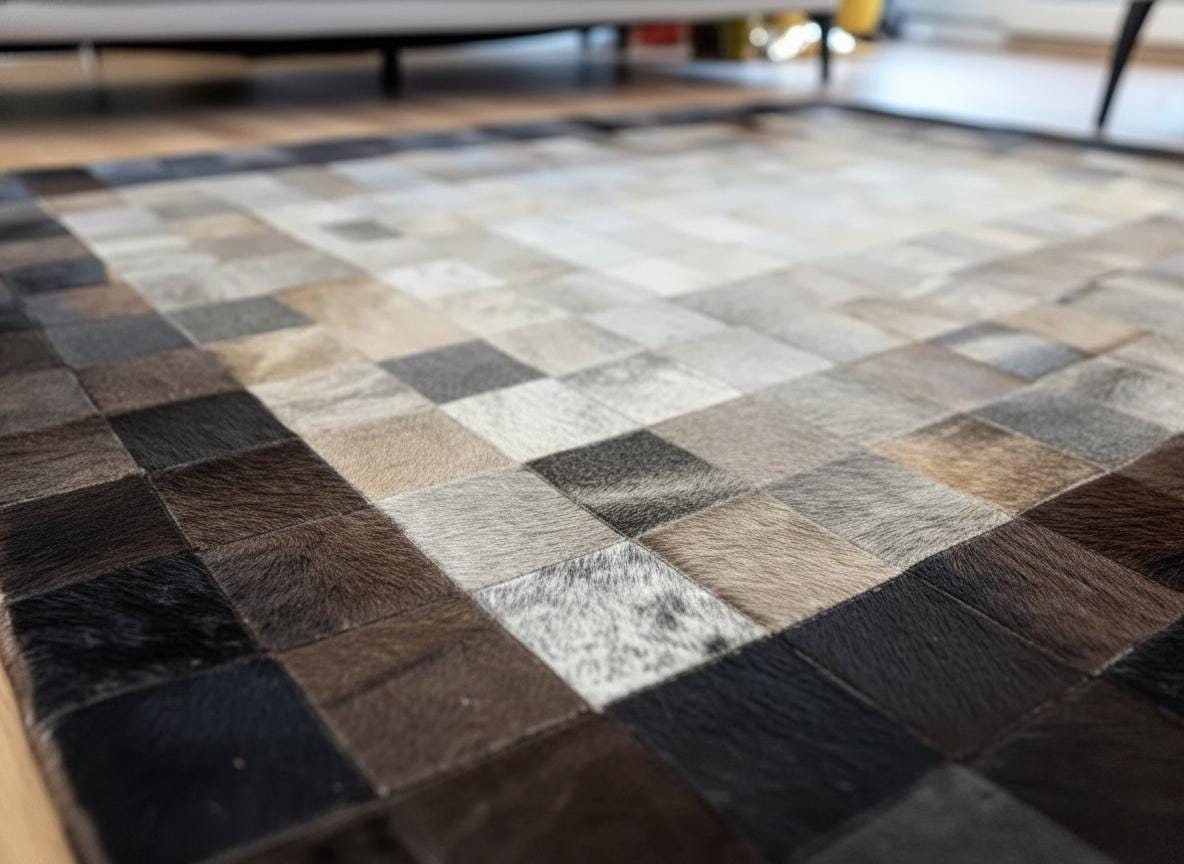 Black Cowhide Patchwork Rug, Geometric Border, Hair-On-Hide
