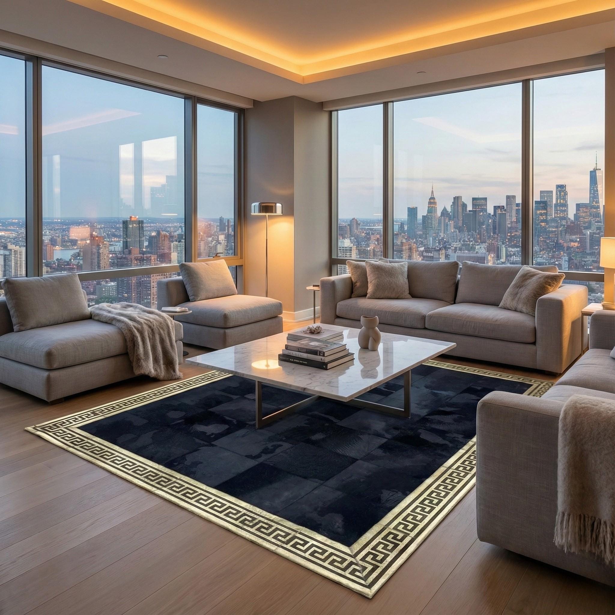 Black Cowhide Rug, Patchwork Leather Area Rug, Luxury Gold Carpet