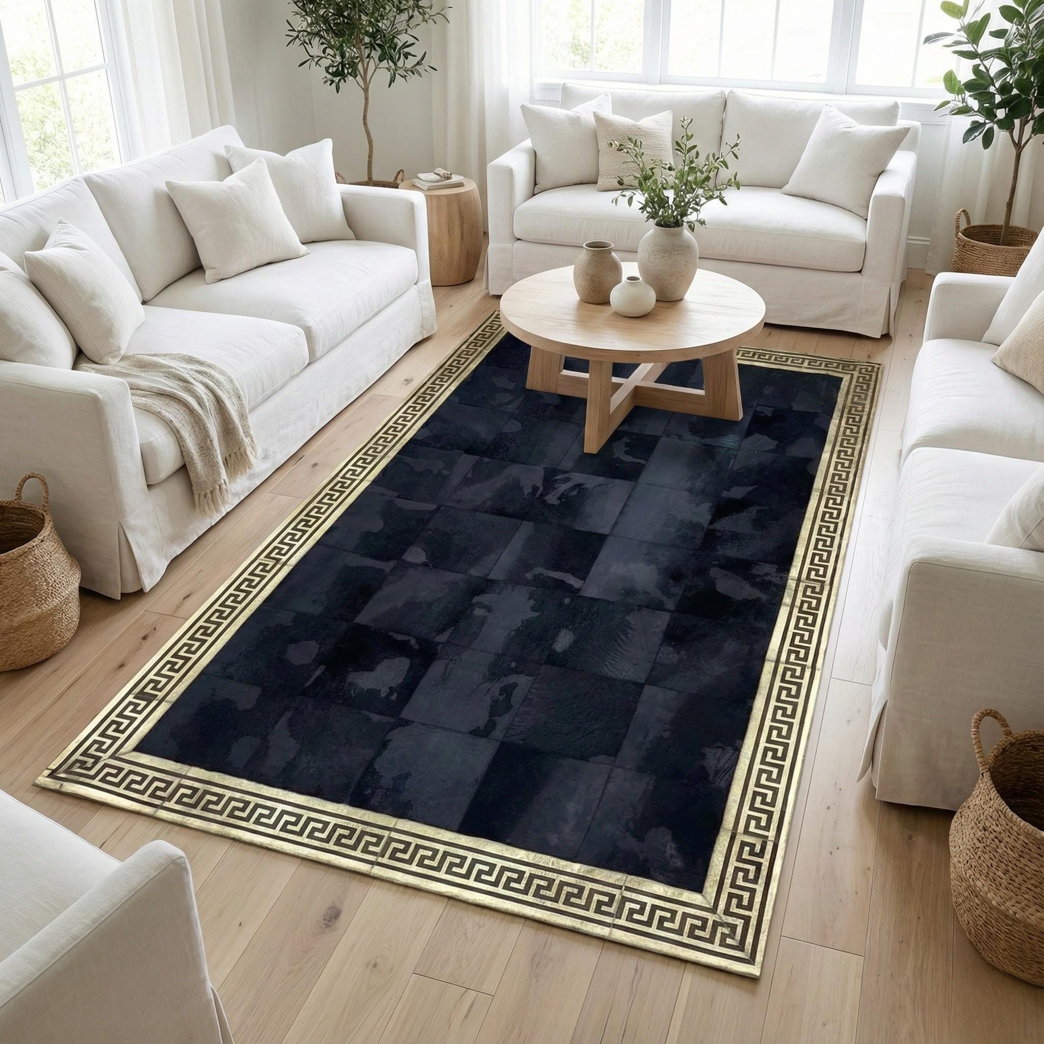Black Cowhide Rug, Patchwork Leather Area Rug, Luxury Gold Carpet