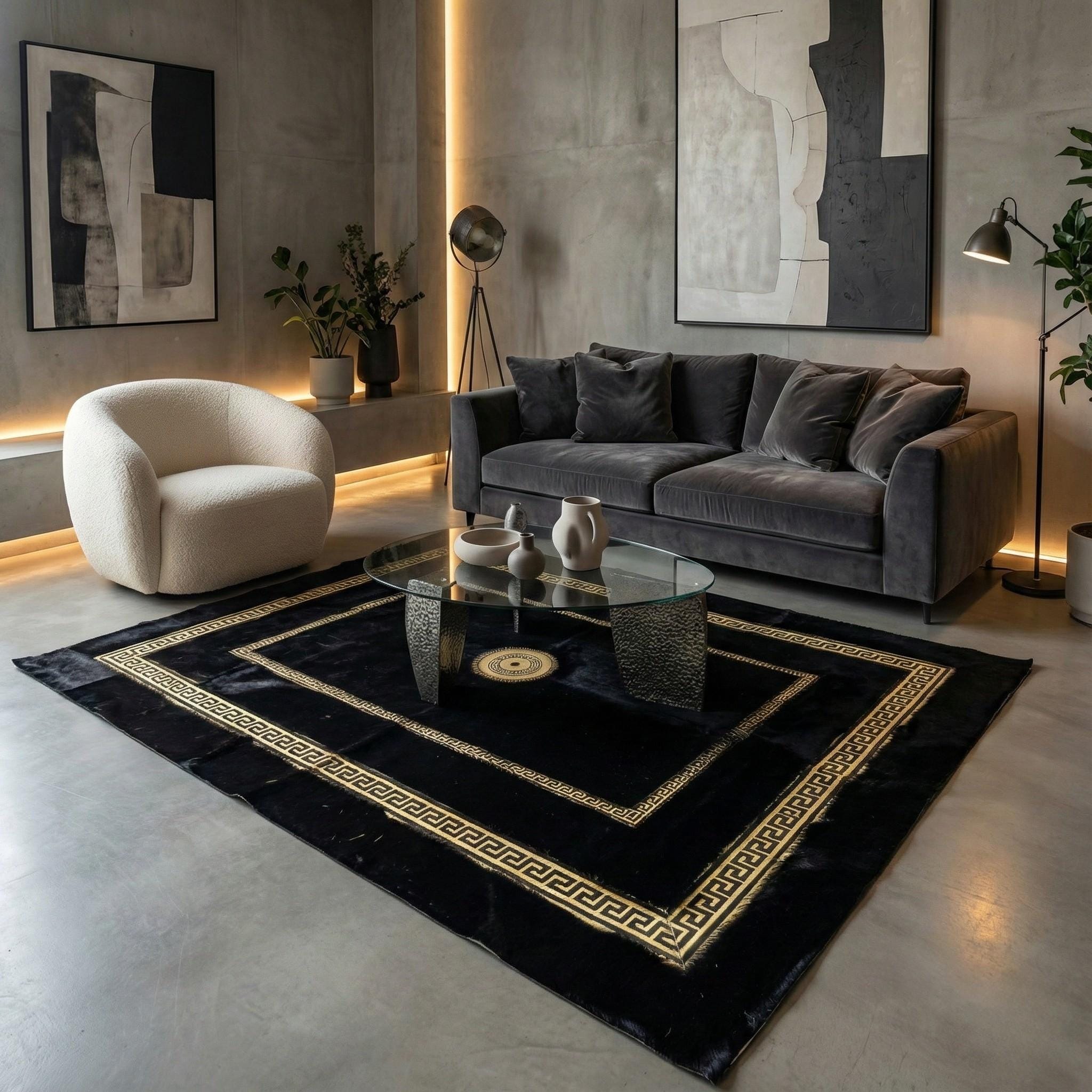 Black Faux Fur Plush Rug, Gold Geometric Border,