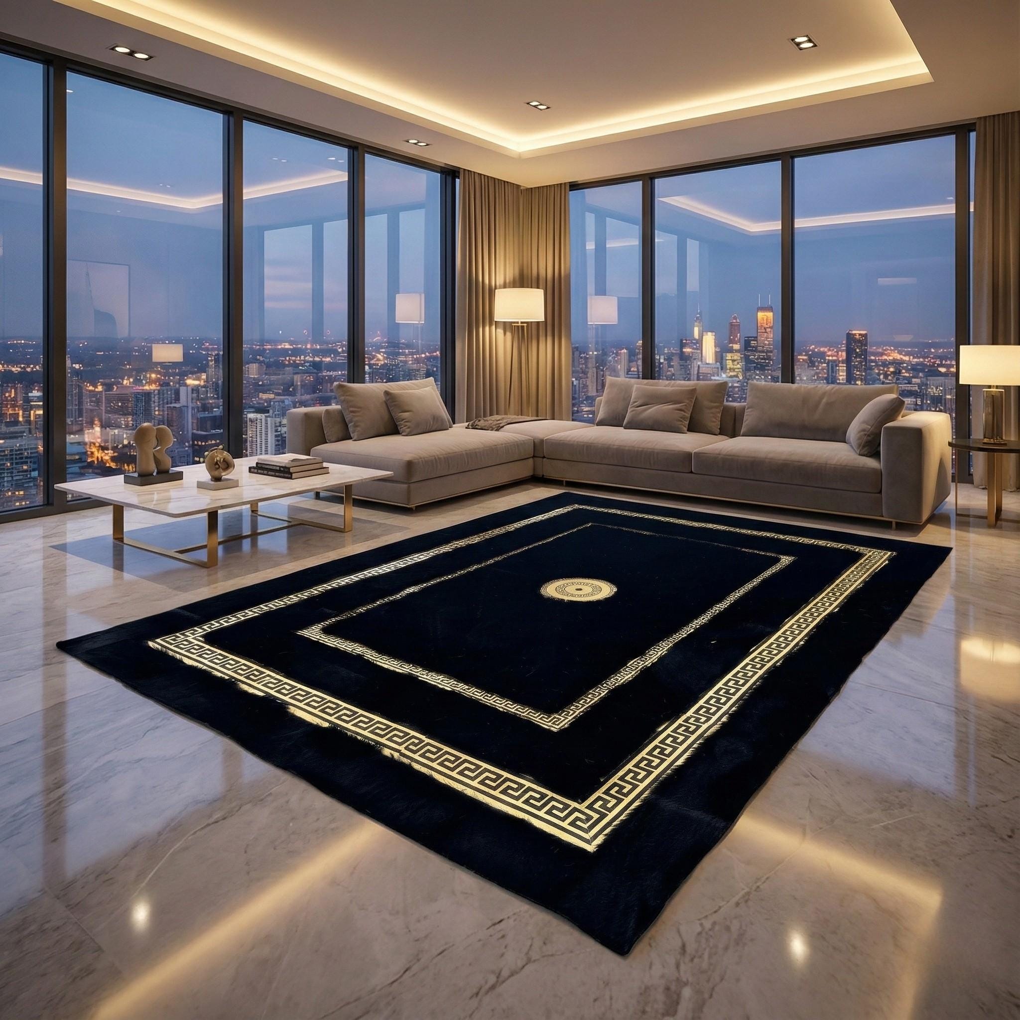 Black Faux Fur Plush Rug, Gold Geometric Border,