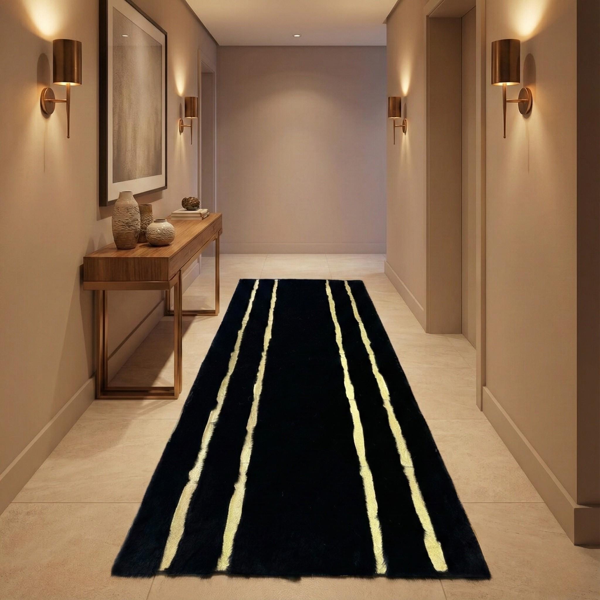 Black and Gold Plush Runner Rug, Luxury Runner, Modern Geometric Gold Border Carpet,