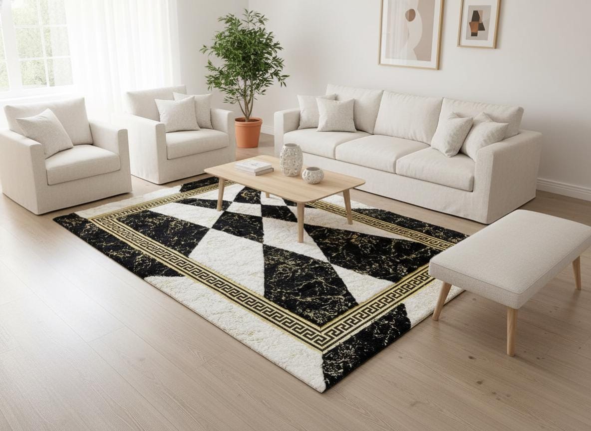 White and Black Plush Rug,  Custom Size Faux Fur Area Rug,