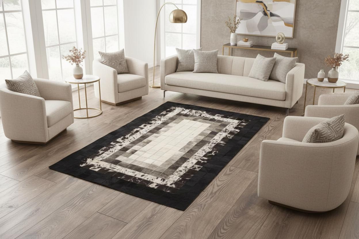 Patchwork Cowhide Rug, Geometric Leather Area Rug, Grey and Black Gradient Carpet