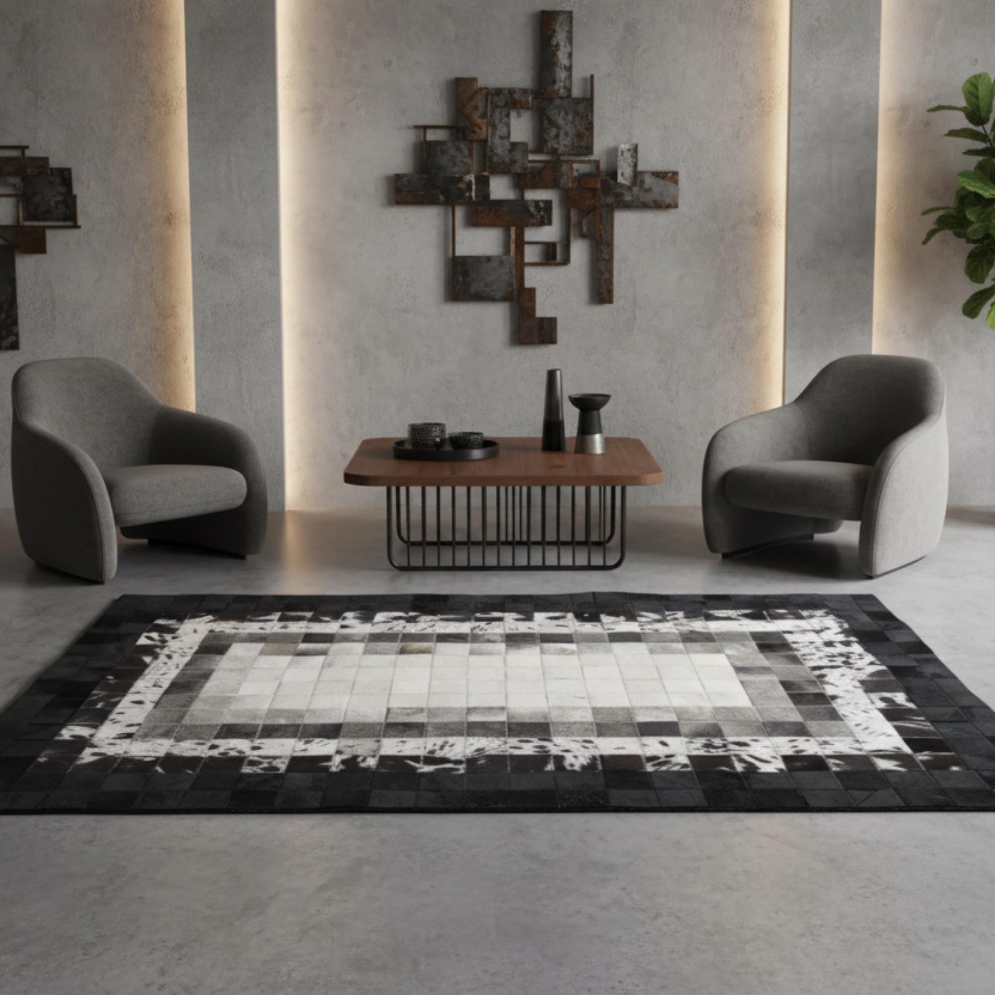 Patchwork Cowhide Rug, Geometric Leather Area Rug, Grey and Black Gradient Carpet
