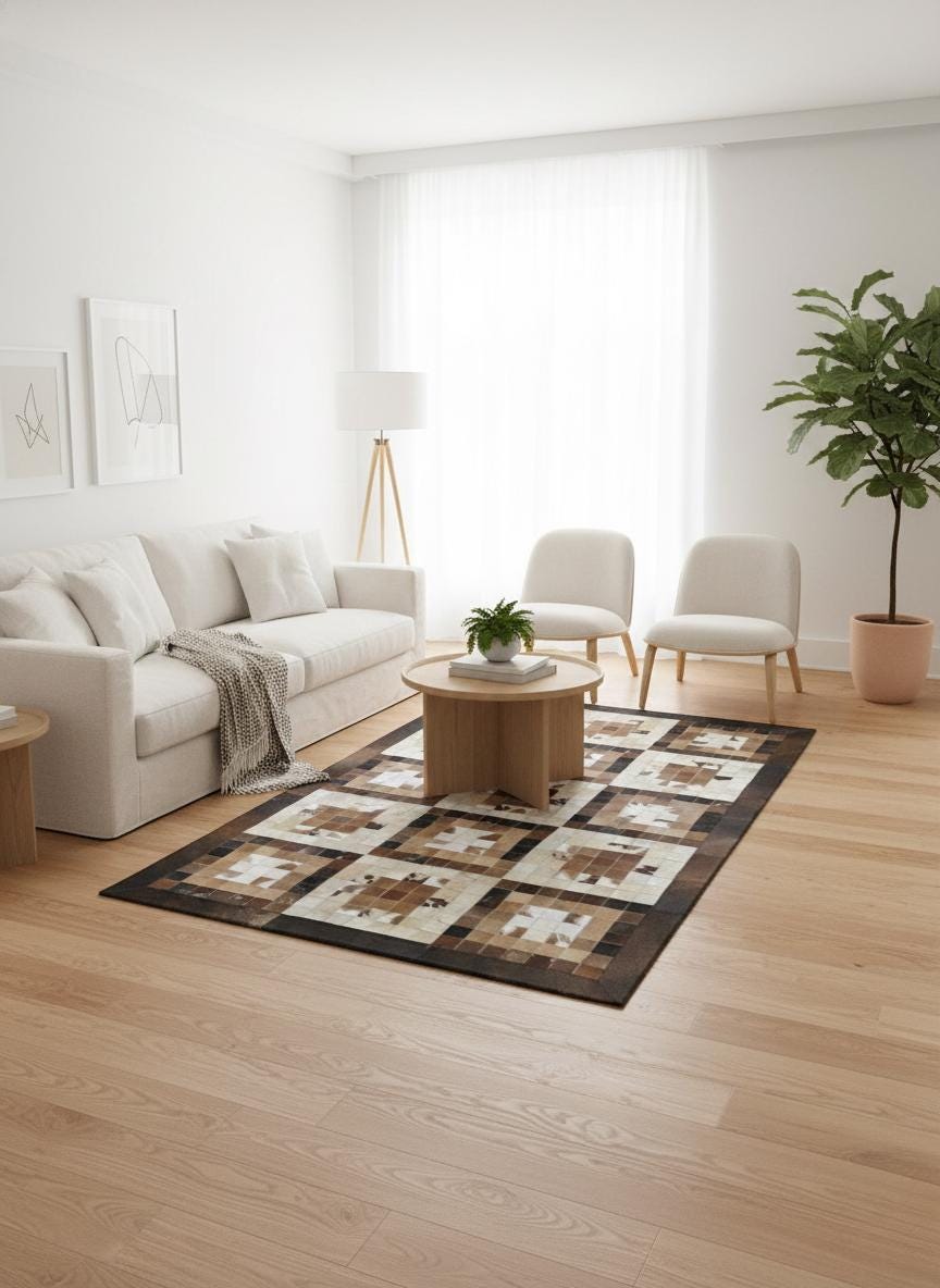 Brown Patchwork Cowhide Rug, Geometric Checkered Leather Area Rug
