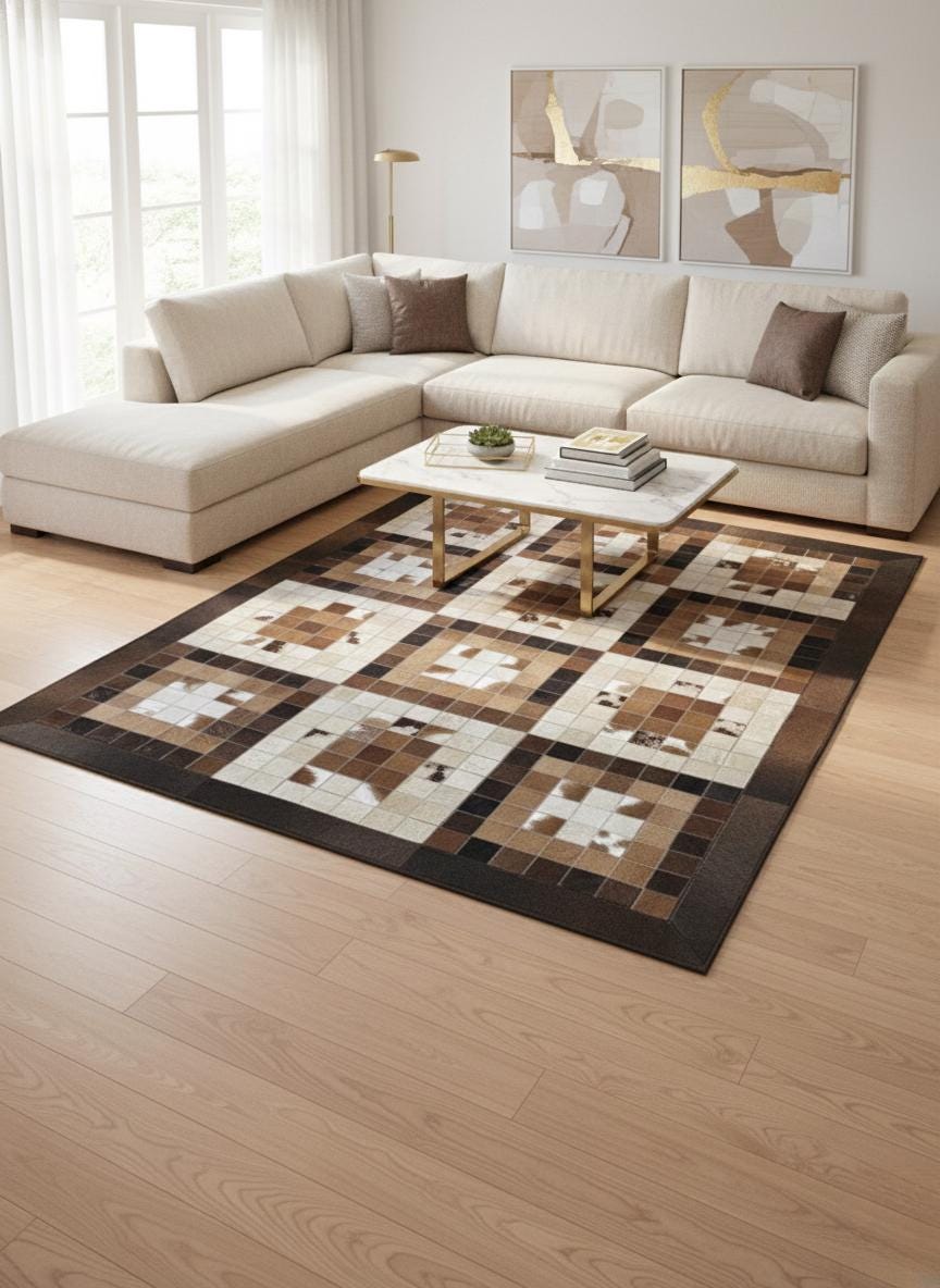 Brown Patchwork Cowhide Rug, Geometric Checkered Leather Area Rug