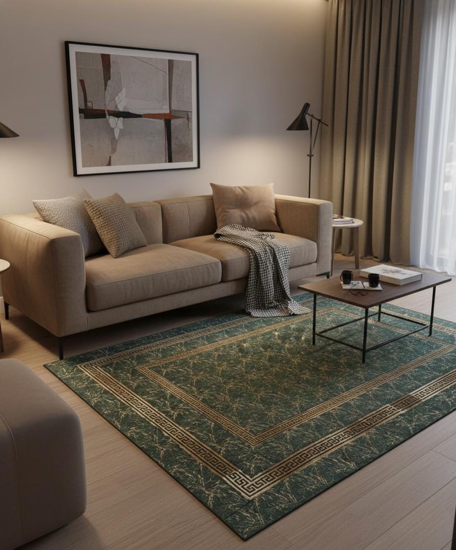 Emerald Green Faux Fur Rug, Gold Geometric Border, Plush Carpet Area Rug