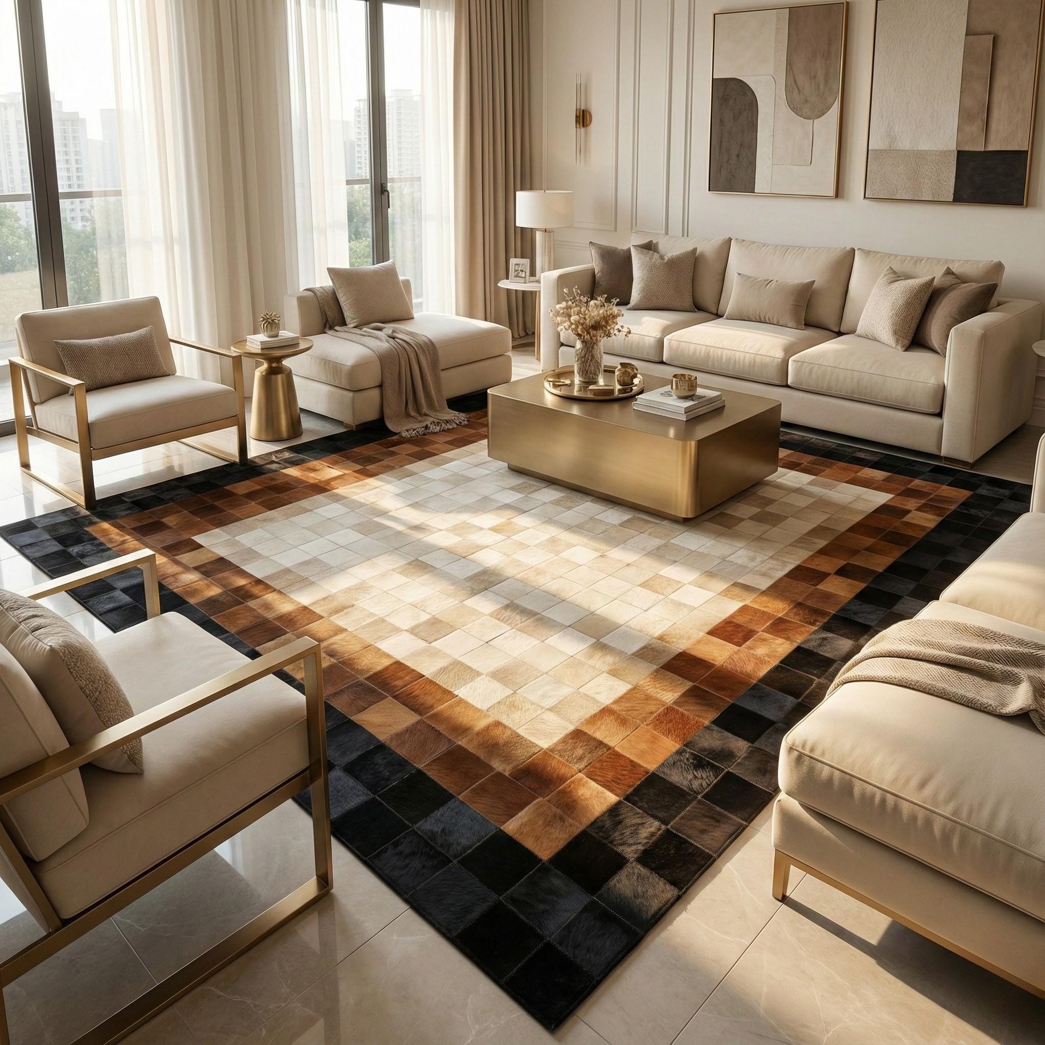 Brown and Black Patchwork Cowhide Rug, Geometric Leather Area Rug