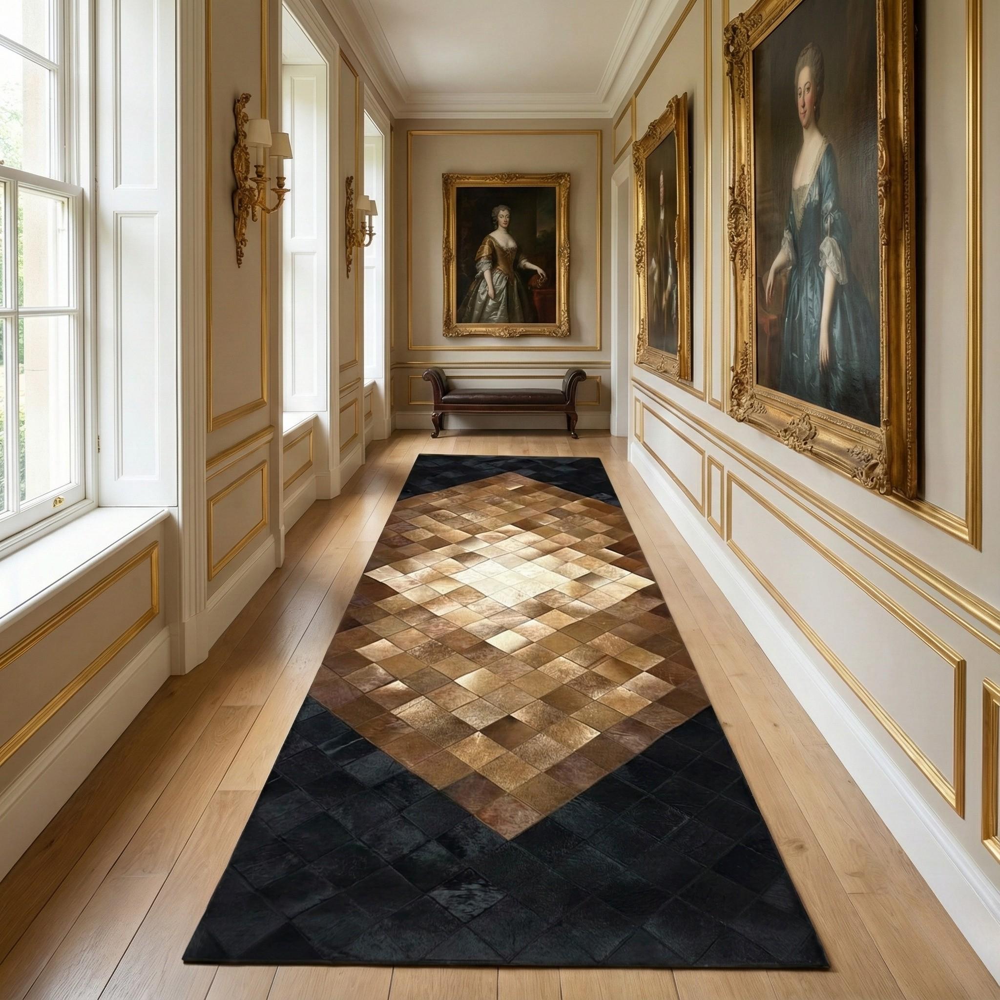 Black and Brown Cowhide Runner Rug, Geometric Patchwork Hallway Carpet