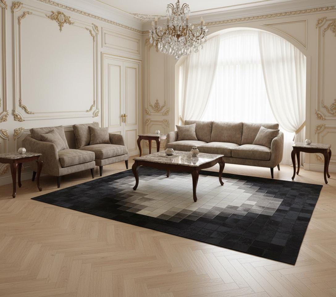 Black and White Cowhide Rug, Modern Geometric Area Rug