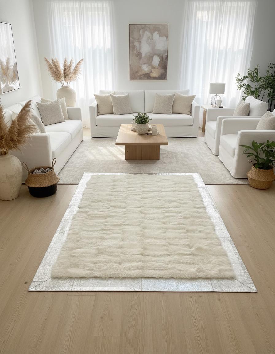 White Tuscan Rug, Geometric Patchwork Area Rug, Natural Leather Carpet