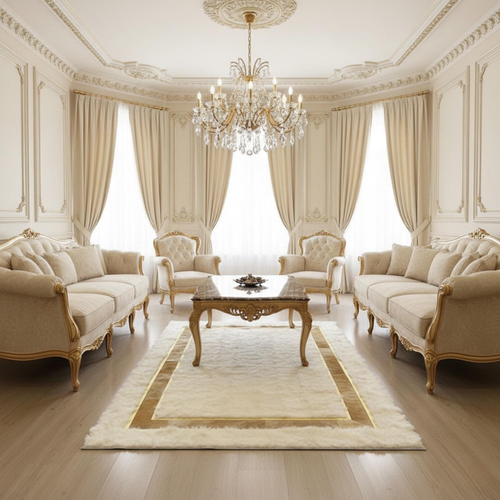 White and Gold Plush Rug, Tuscan Style Luxury Area Rug