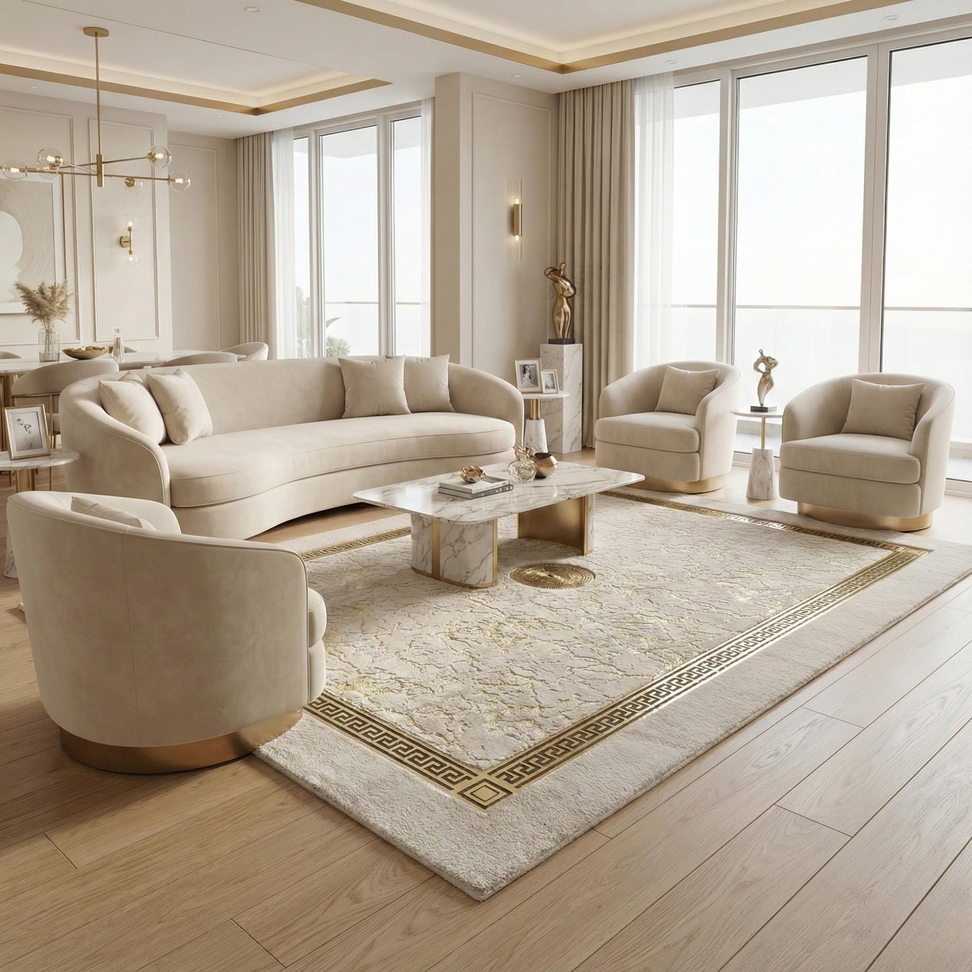 Cream white gold rug in room