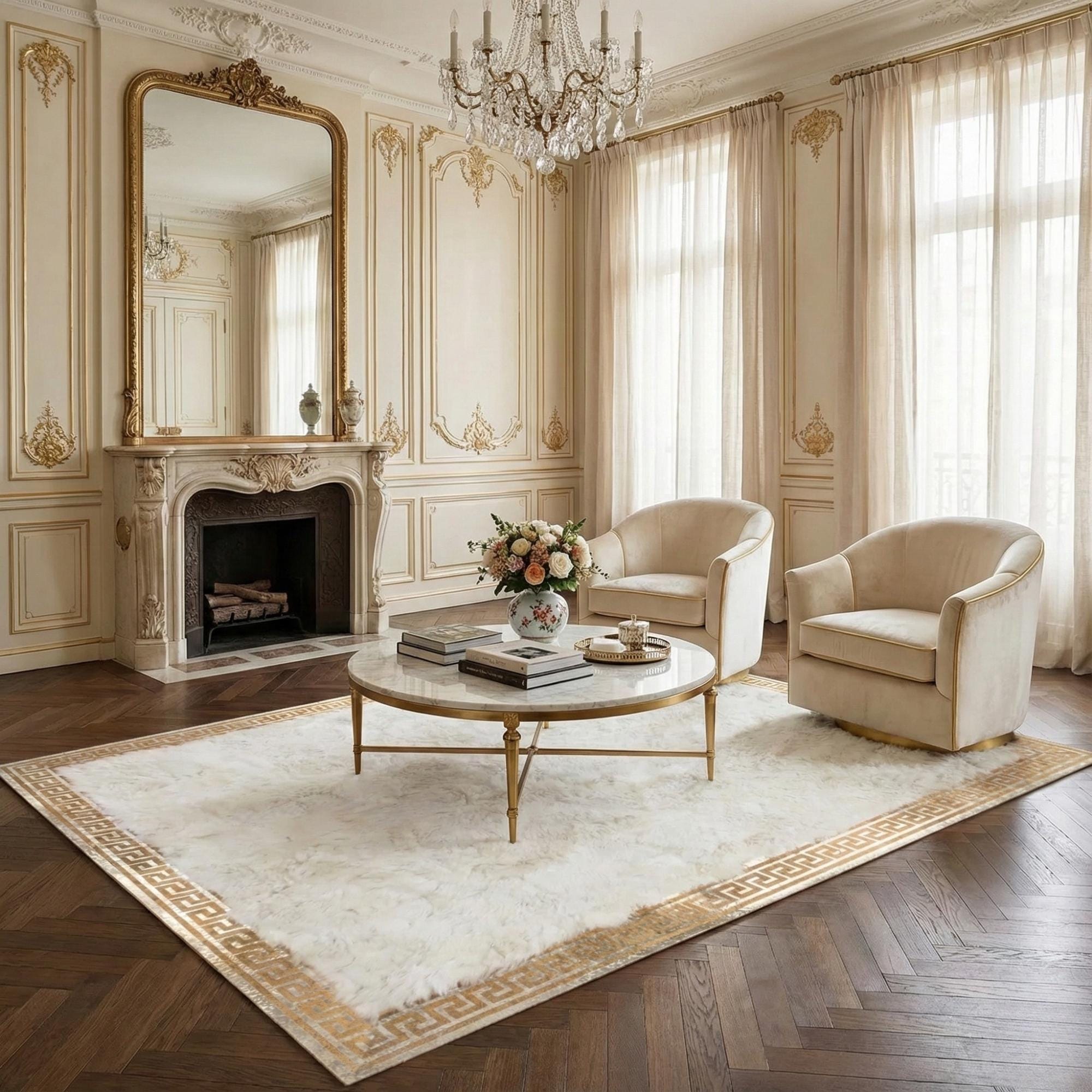 White and Gold Tuscan Rug, Geometric Border Area Rug, White Tuscan Fur Rug