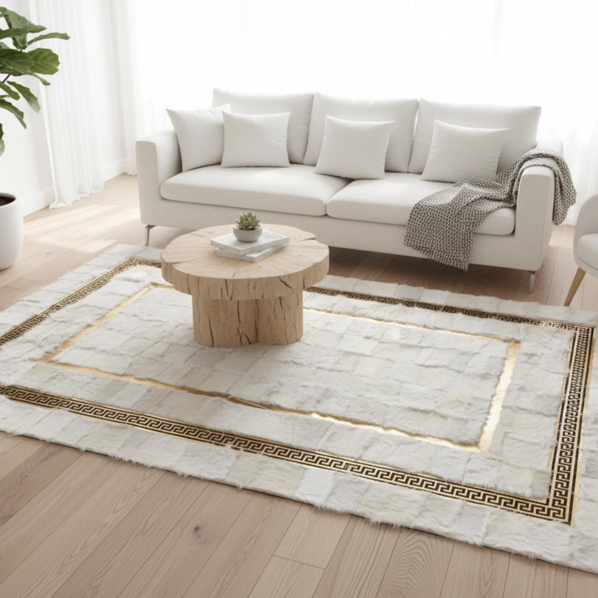 Cream and Gold Tuscan Rug,  Geometric Border Area Rug,