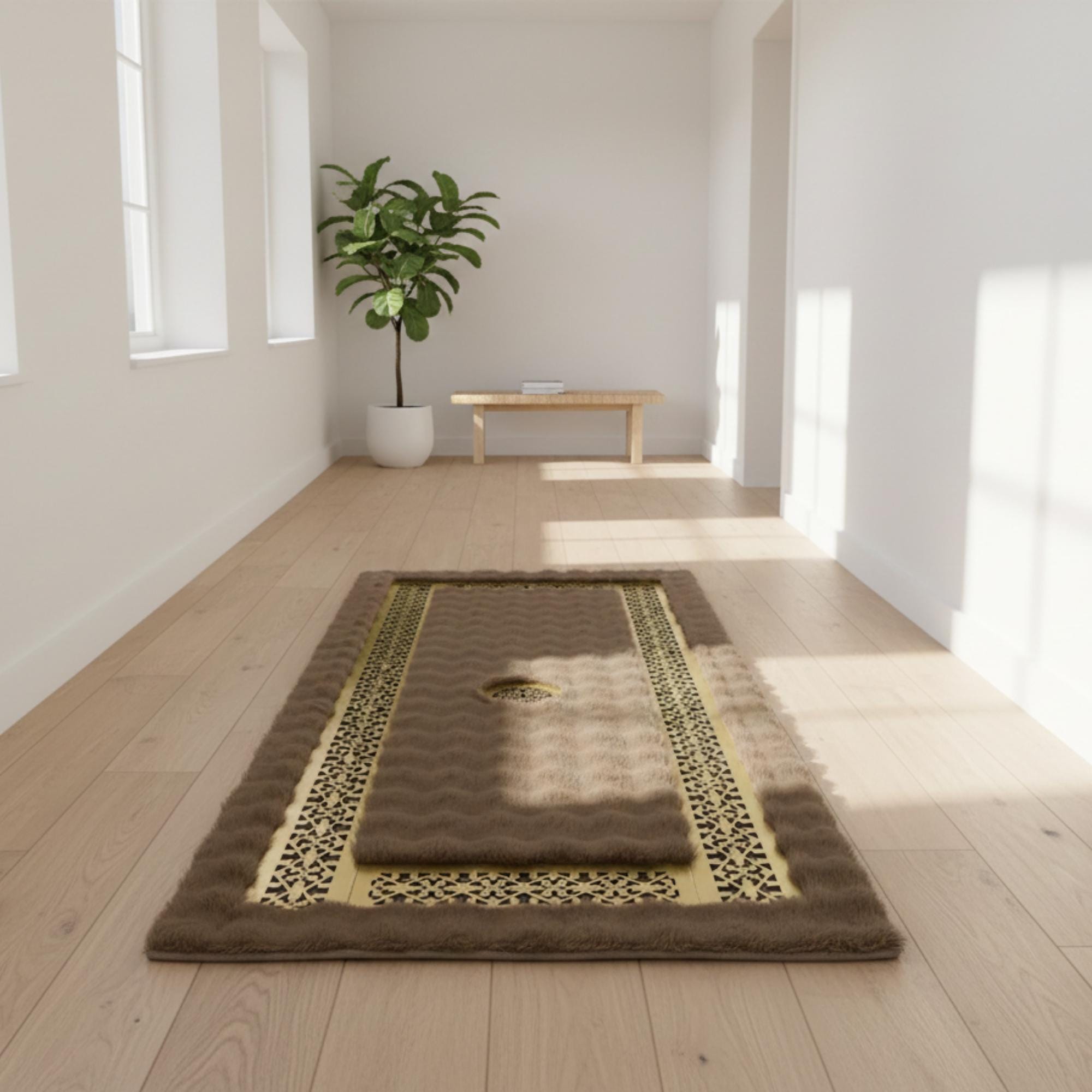 Brown and Gold Plush Rug, Luxury Geometric Border Area Rug, Faux Fur Carpet