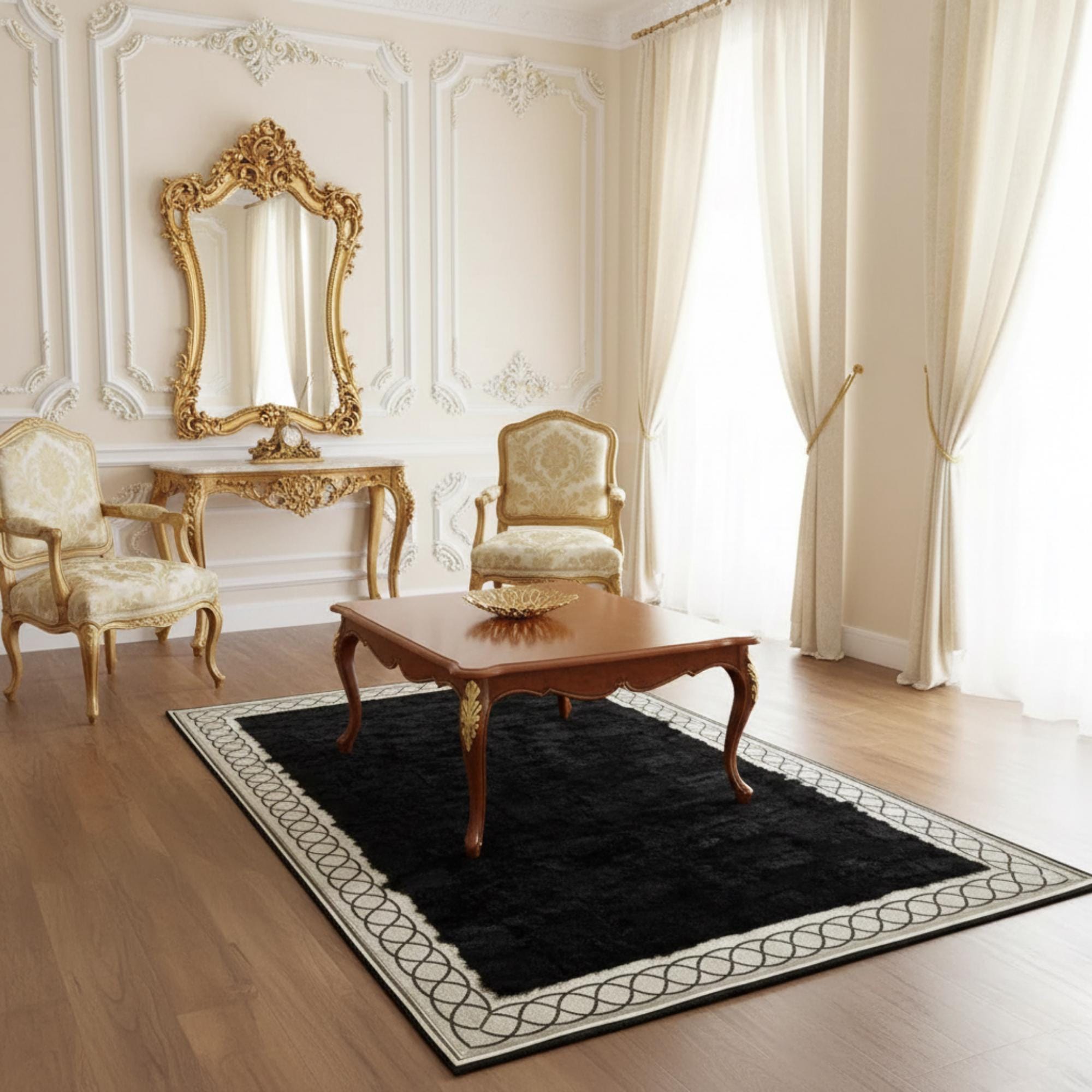 Black and Gold Tuscan Rug, Geometric Border Patchwork,