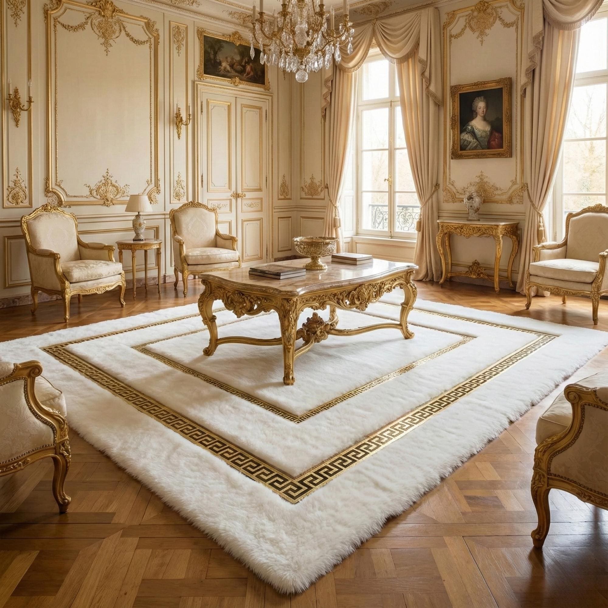White and gold plush runner rug