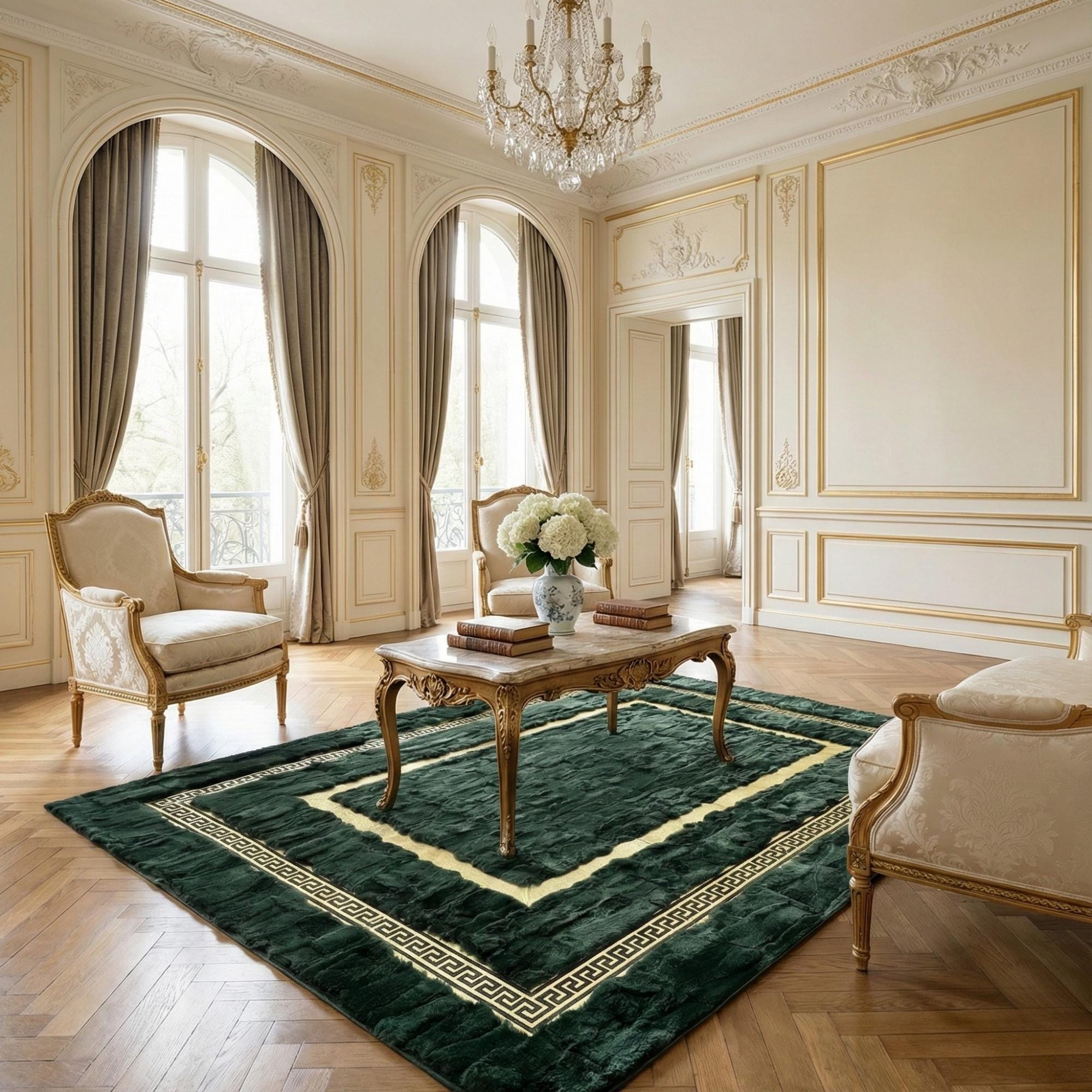 Green and Gold Rabbit Fur Rug, Emerald Green Area Rug,