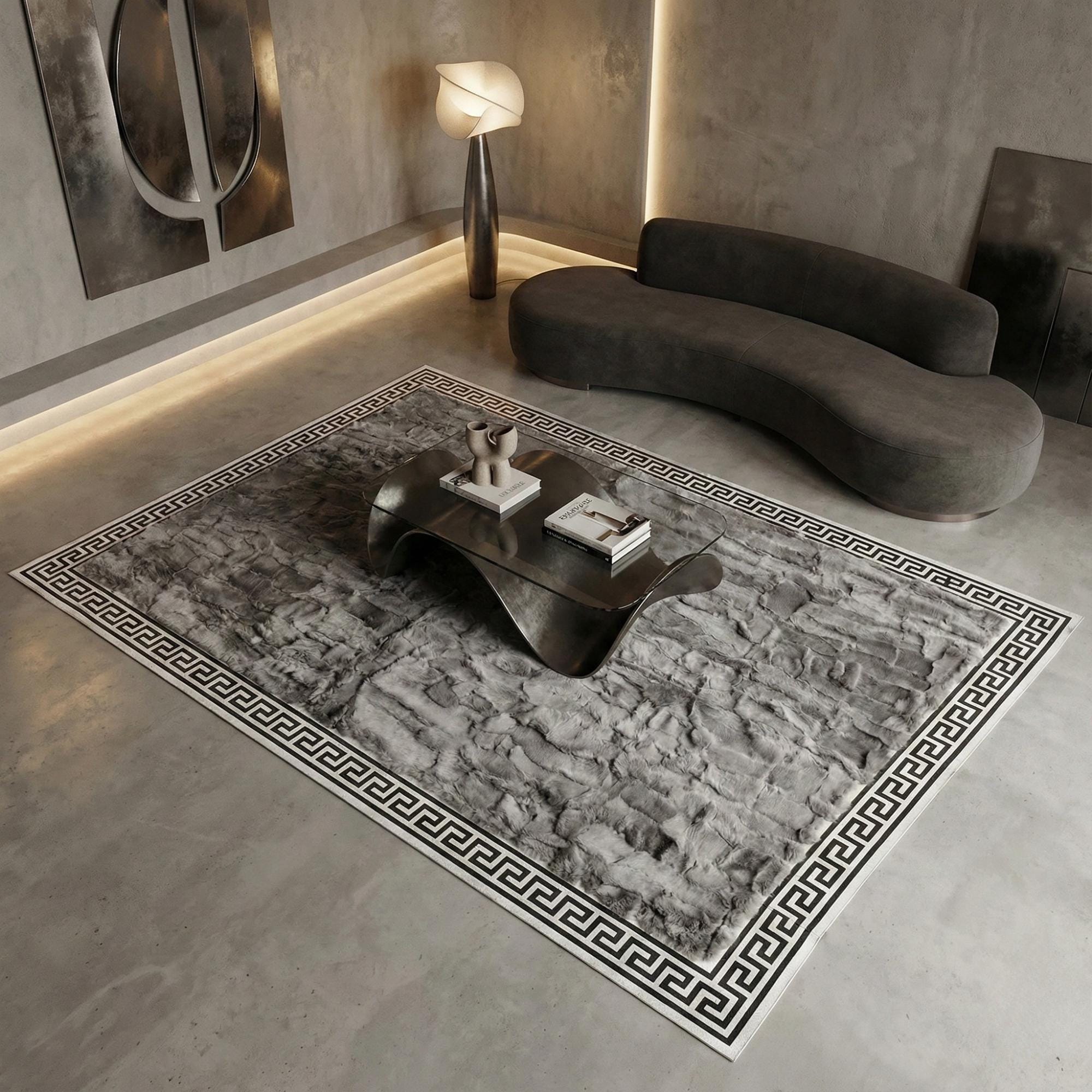Grey Rabbit Fur Rug, Luxury Geometric Border Area Rug, Soft  Carpet,