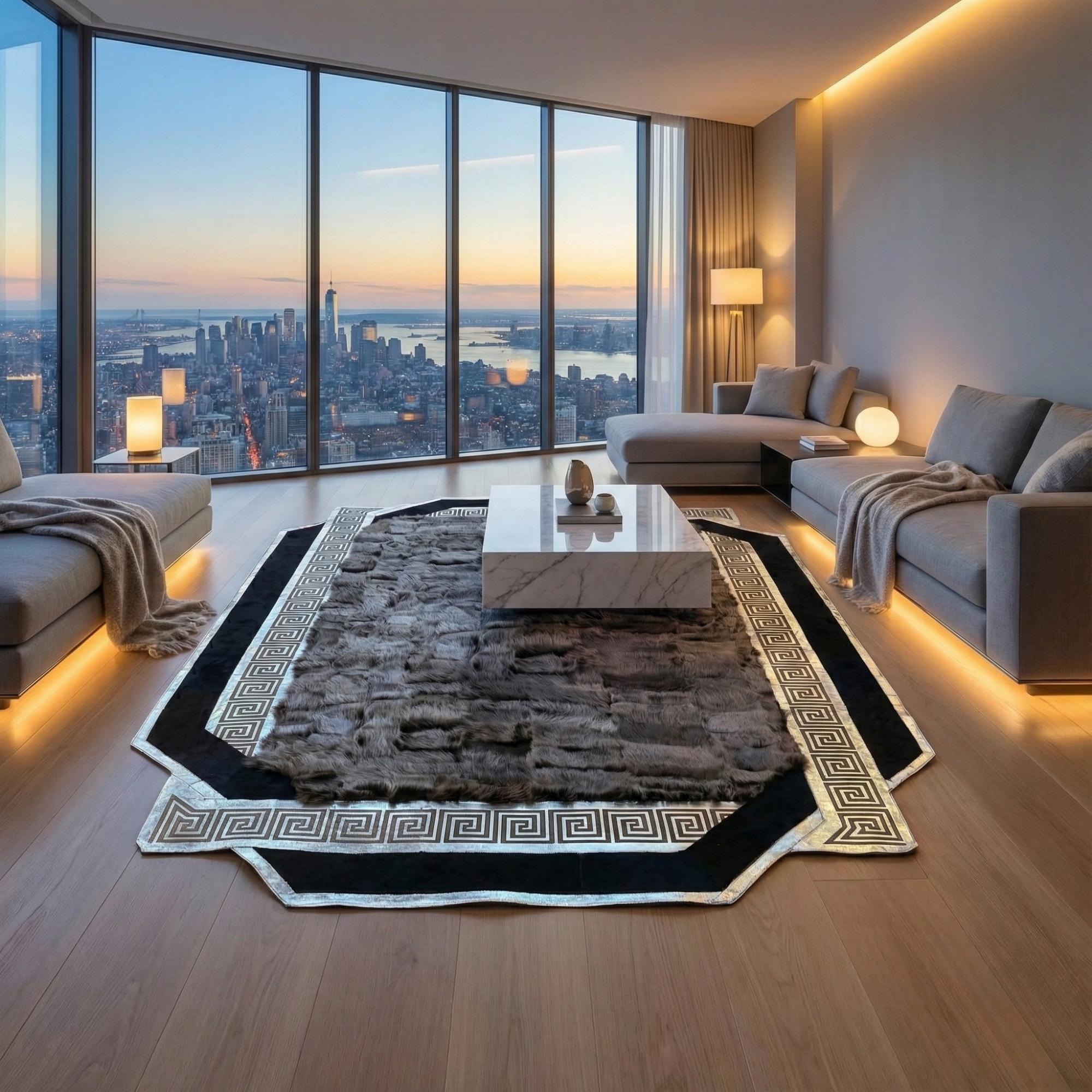 Gray Black and Gold Tuscan Rug, Luxury Geometric Border Area Rug