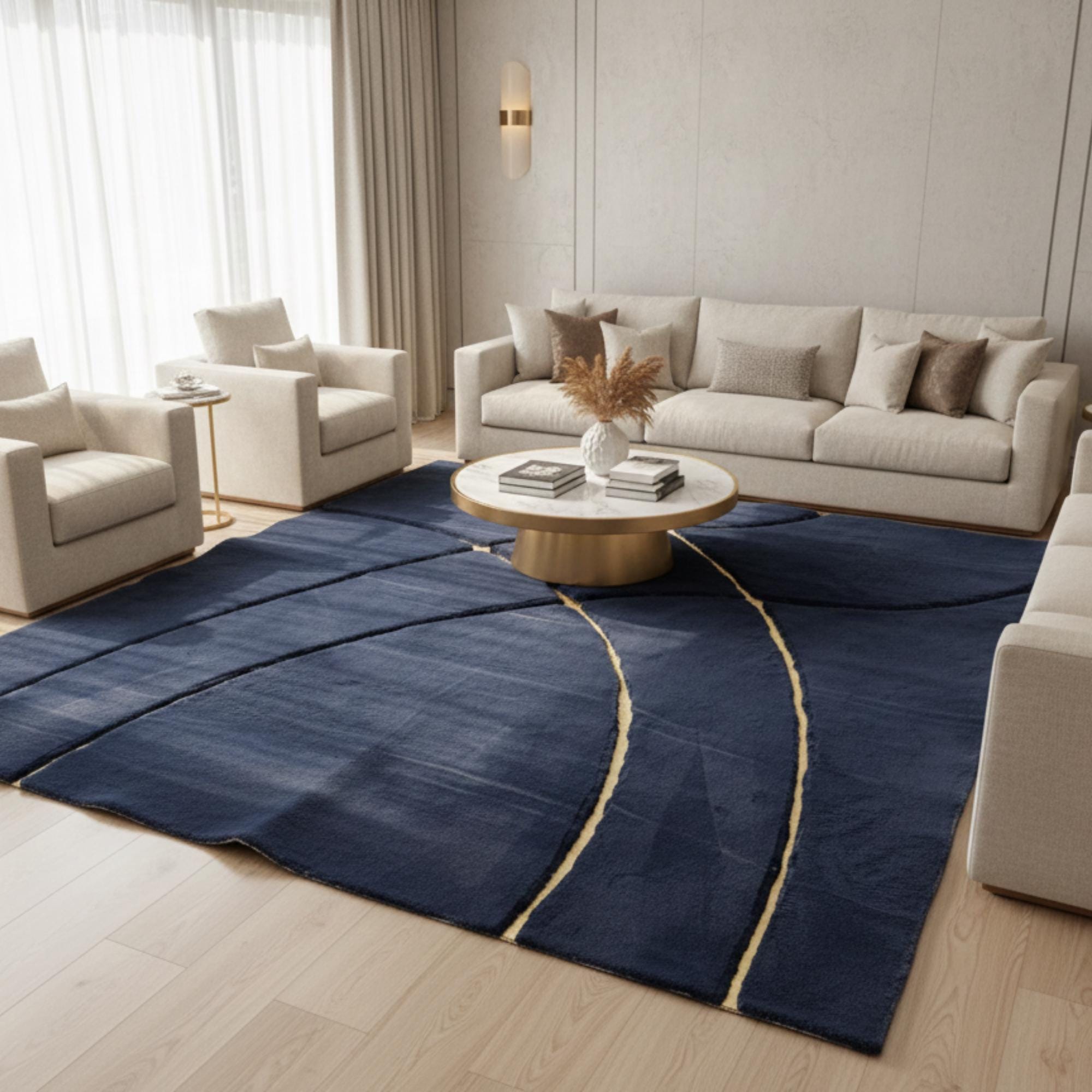 Midnight navy rug in room