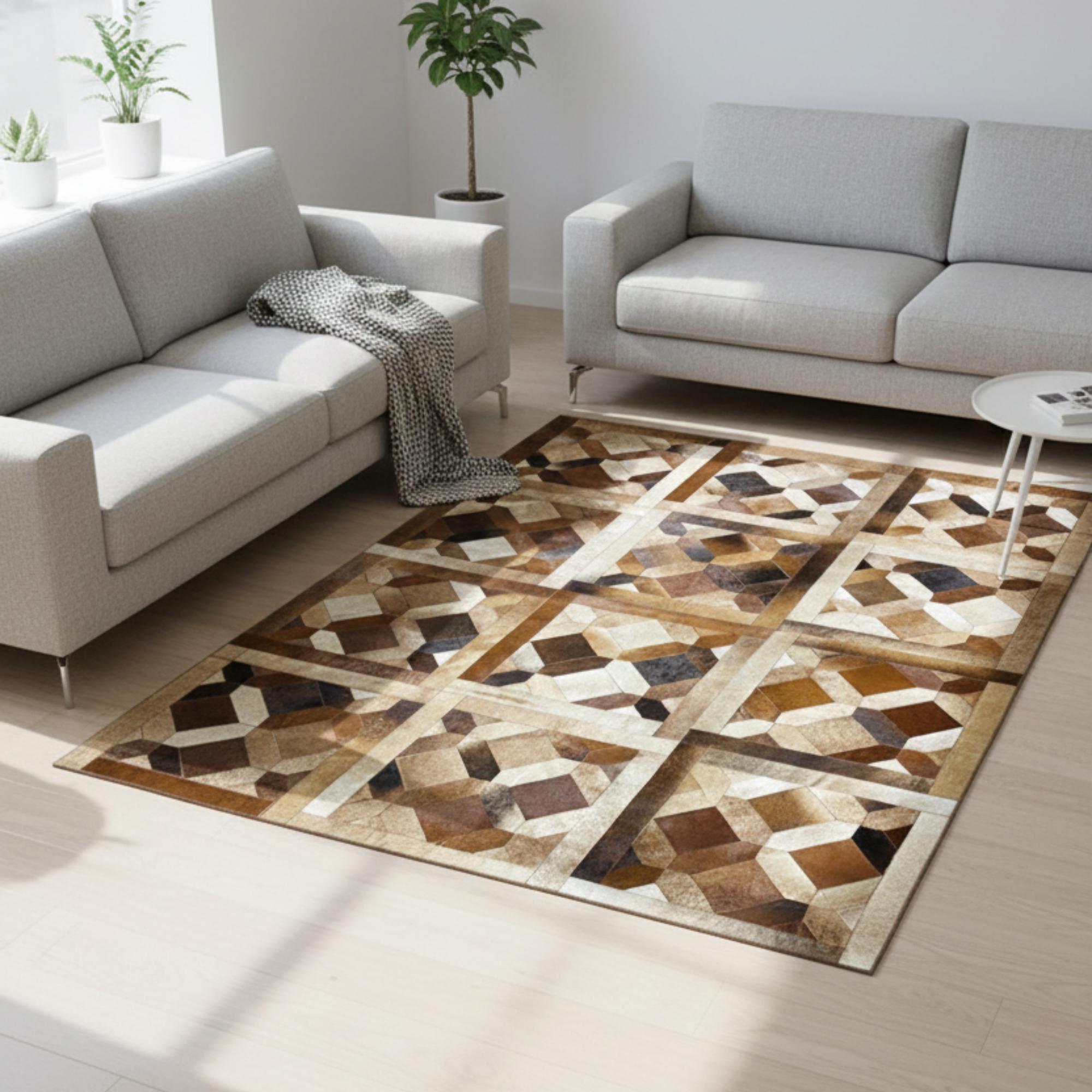 Brown Cowhide Rug, Patchwork Leather Area Rug, Geometric and Multicolor Mat