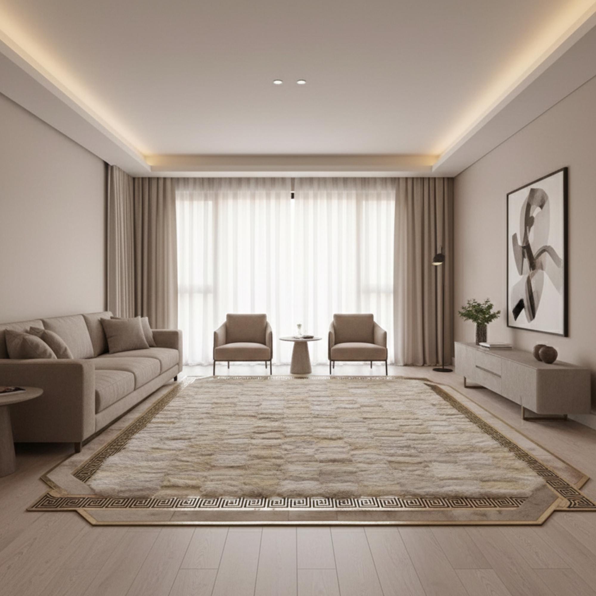 White Tuscan Fur Rug, Gold Geometric Border Carpet, Luxury Fluffy Area Rug