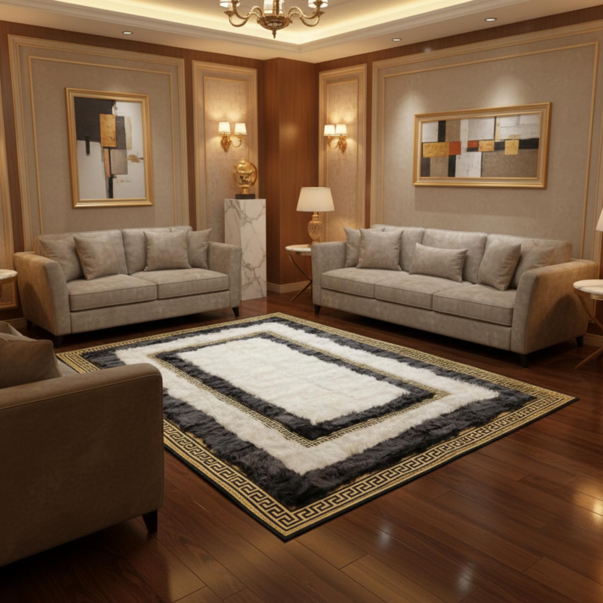 Tuscan Fur Area Rug, White Gray and Gold border Geometric Border Carpet,
