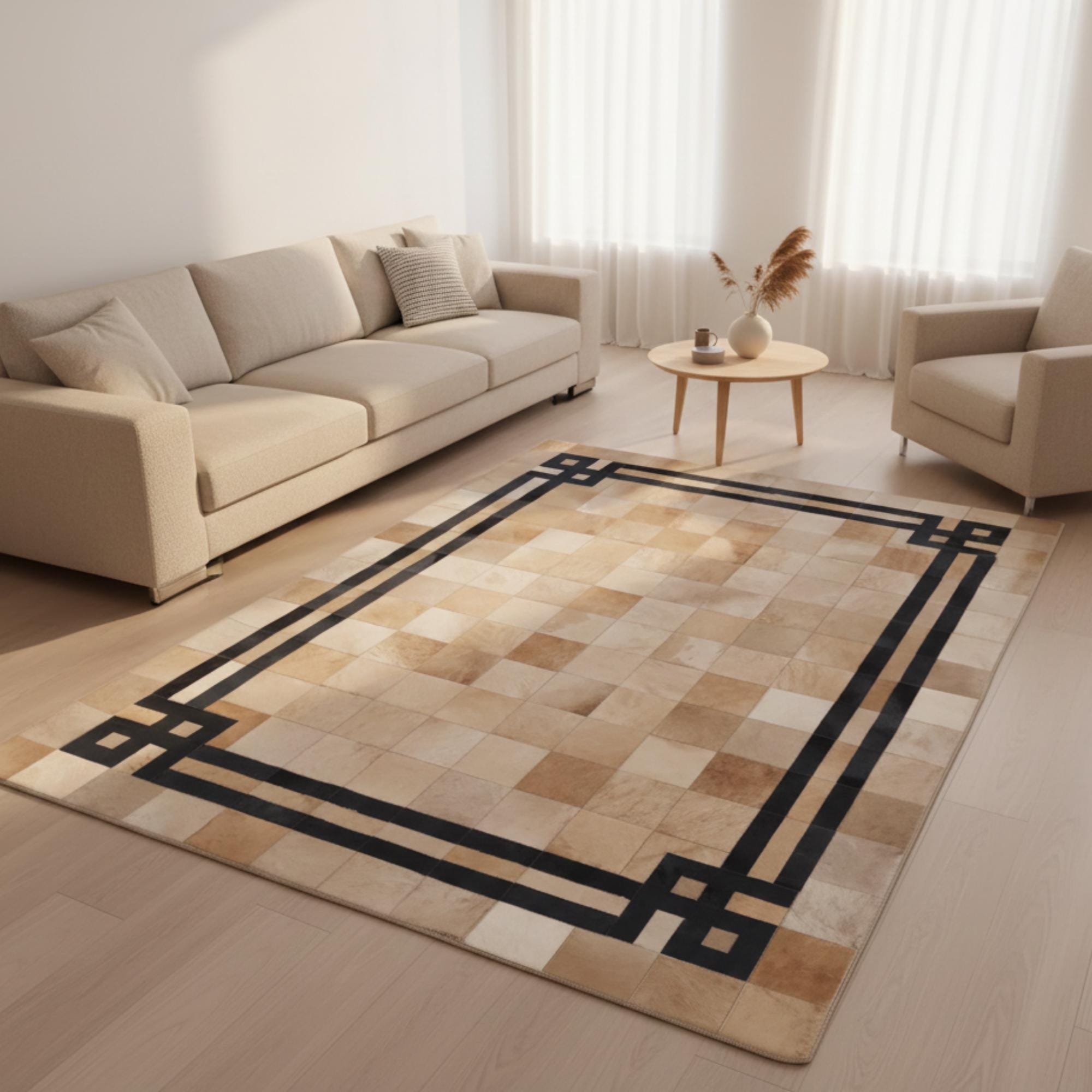 Beige Cowhide Rug, Black Geometric Border Area Rug, Tan Patchwork Carpet