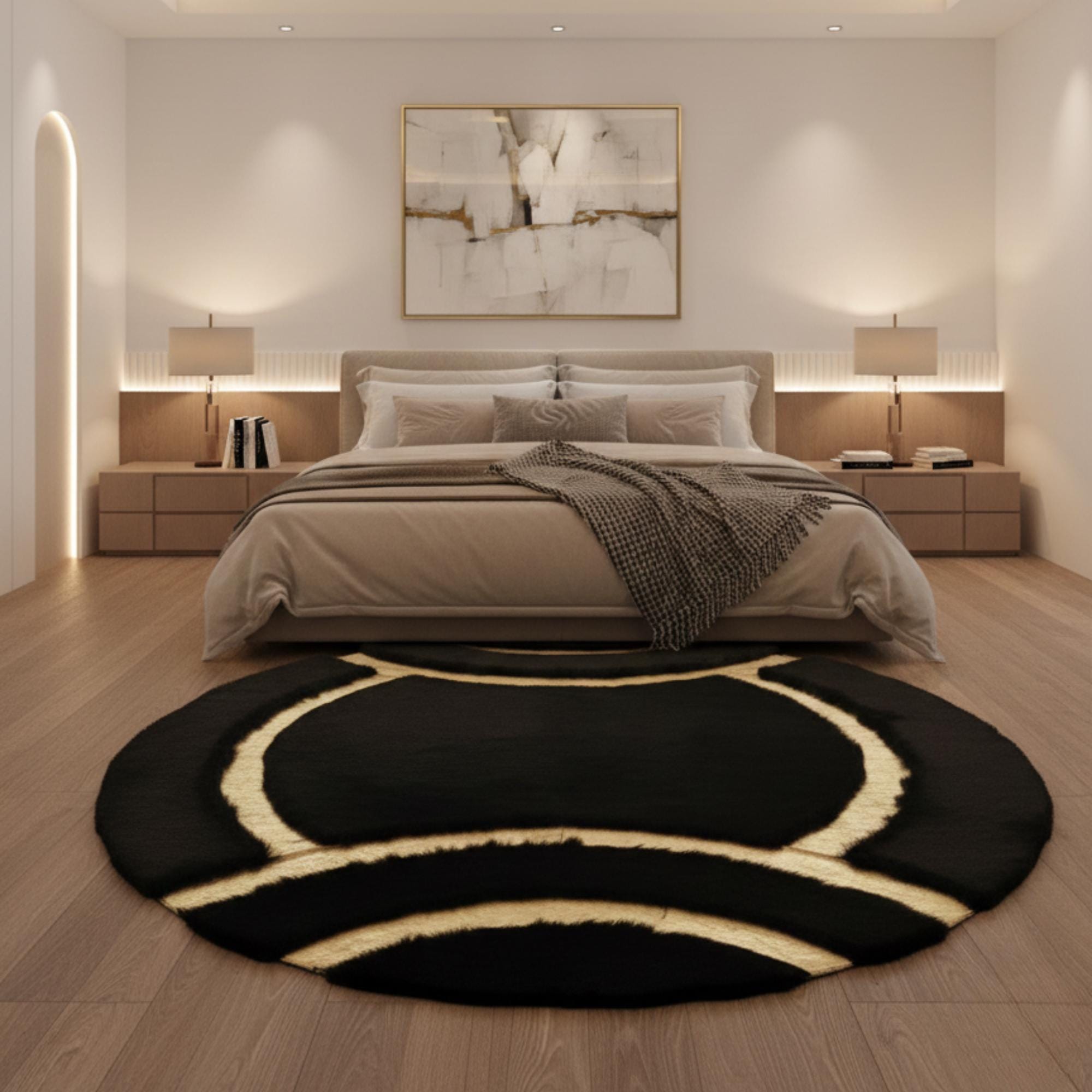 Round black plush rug with gold detail