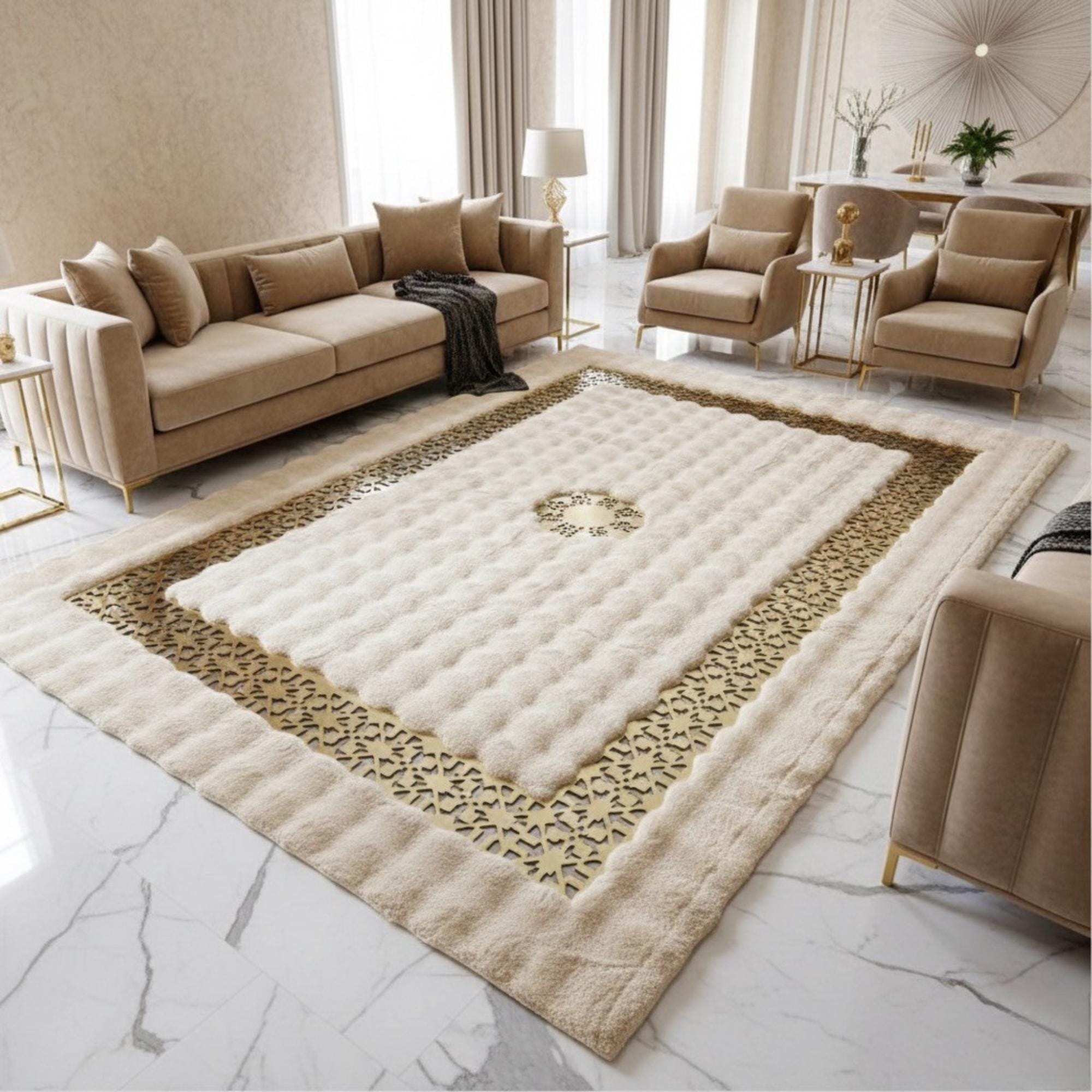 Beige Plush Rug, Gold Border Area Rug, Luxury Plush Carpet,